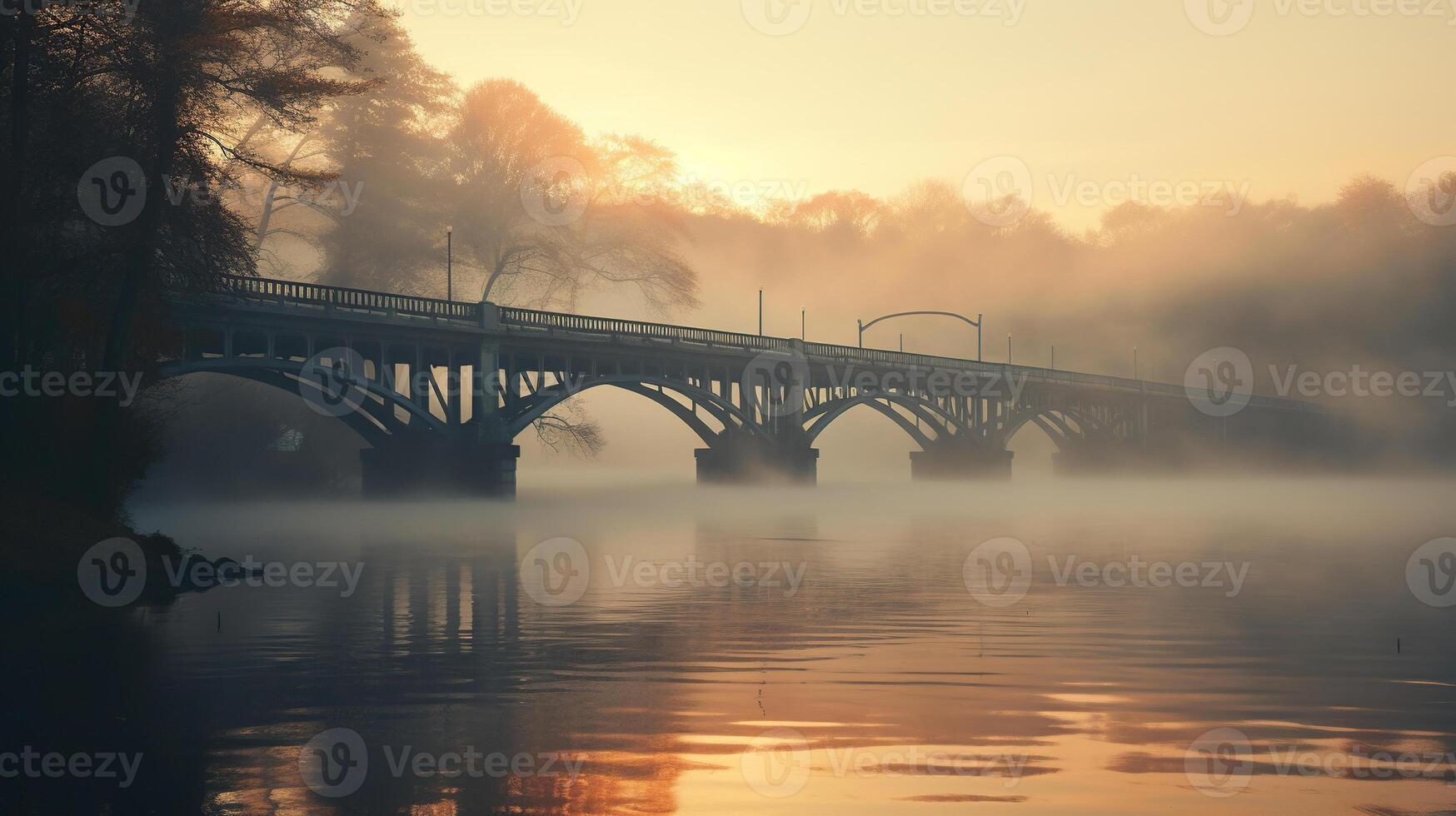 ai generato un' bellissimo grande ponte al di sopra di il fiume nel il nebbia a tramonto, alba. generato di artificiale intelligenza foto