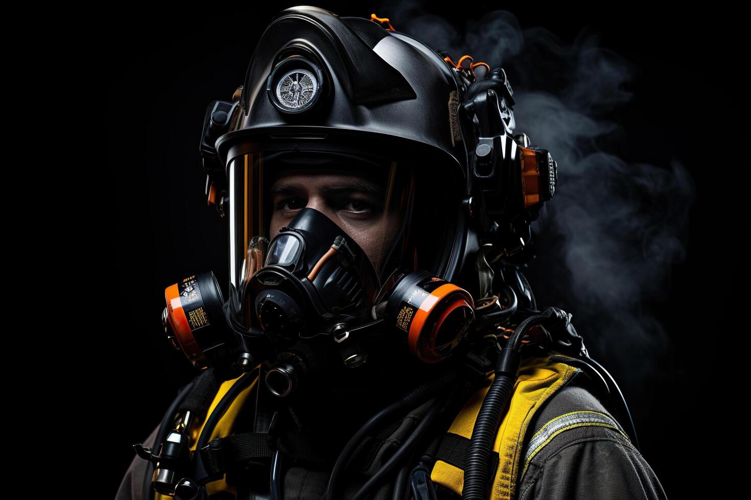 ai generato soccorritore, pompiere nel un' protettivo completo da uomo con un' casco e gas maschera avvicinamento. generato di artificiale intelligenza foto