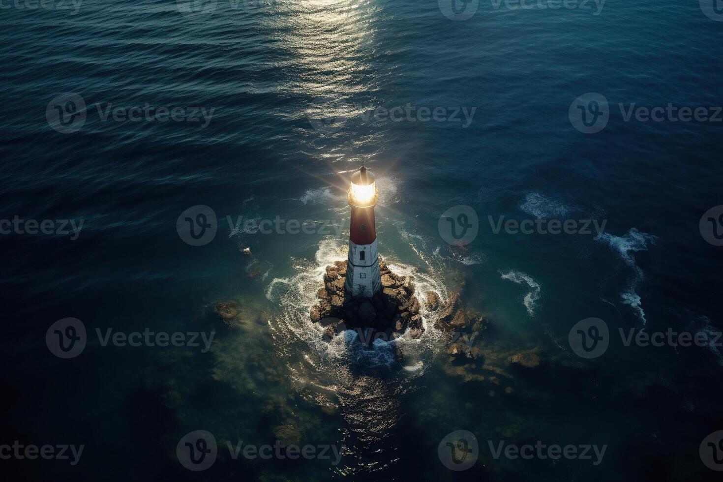 ai generato un' faro su un isola nel il mezzo di il mare. faro e onde. simbolo di speranza, in attesa. generato di artificiale intelligenza foto