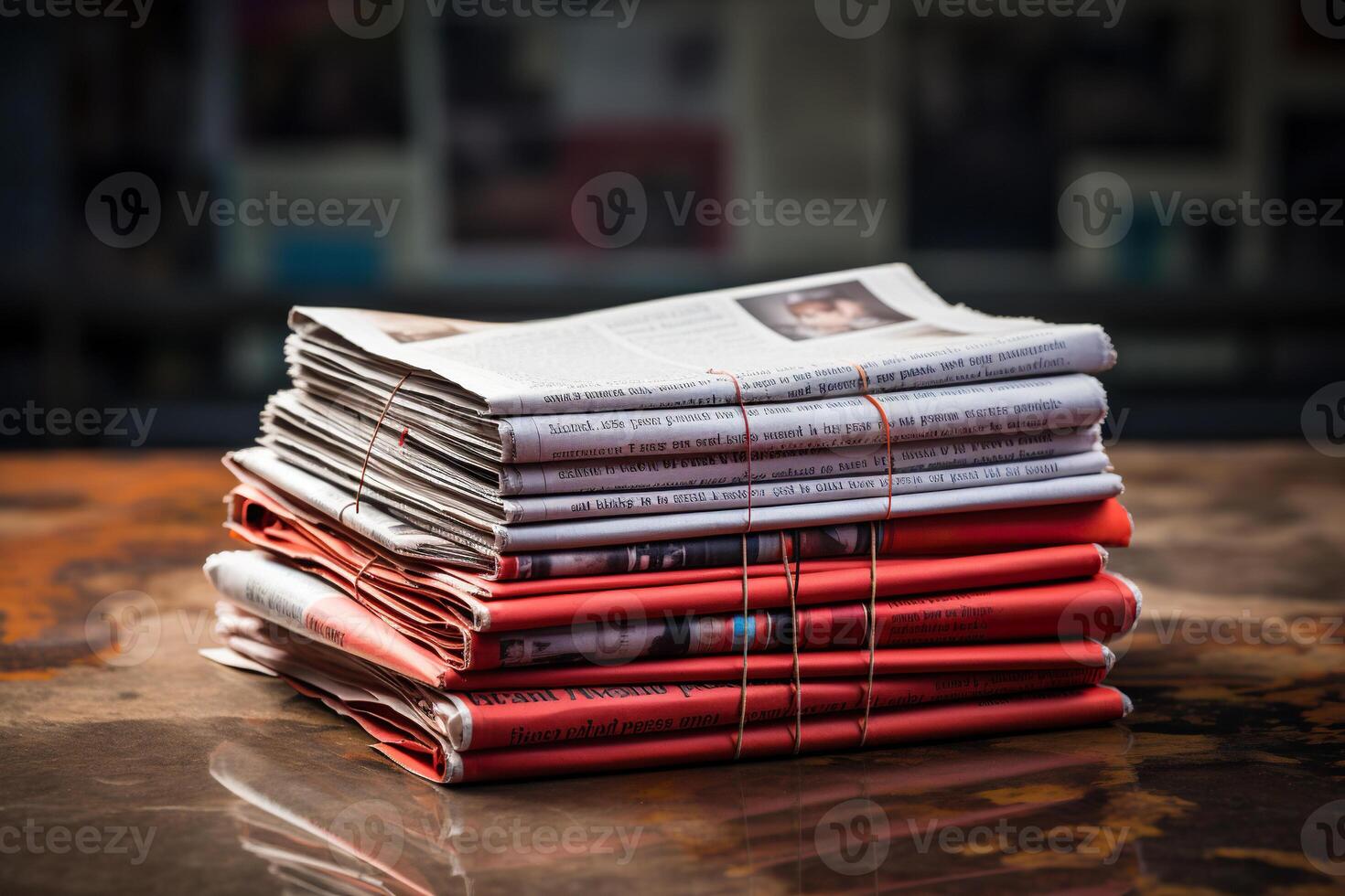 ai generato un' pila di giornali su un' di legno tavolo. generato di artificiale intelligenza foto