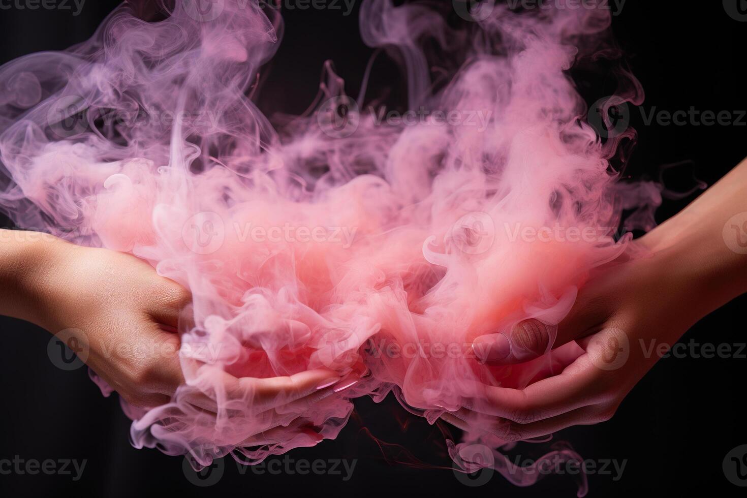 ai generato Due femmina mani Collegare nel sbuffi di rosa Fumo su un' nero sfondo. generato di artificiale intelligenza foto