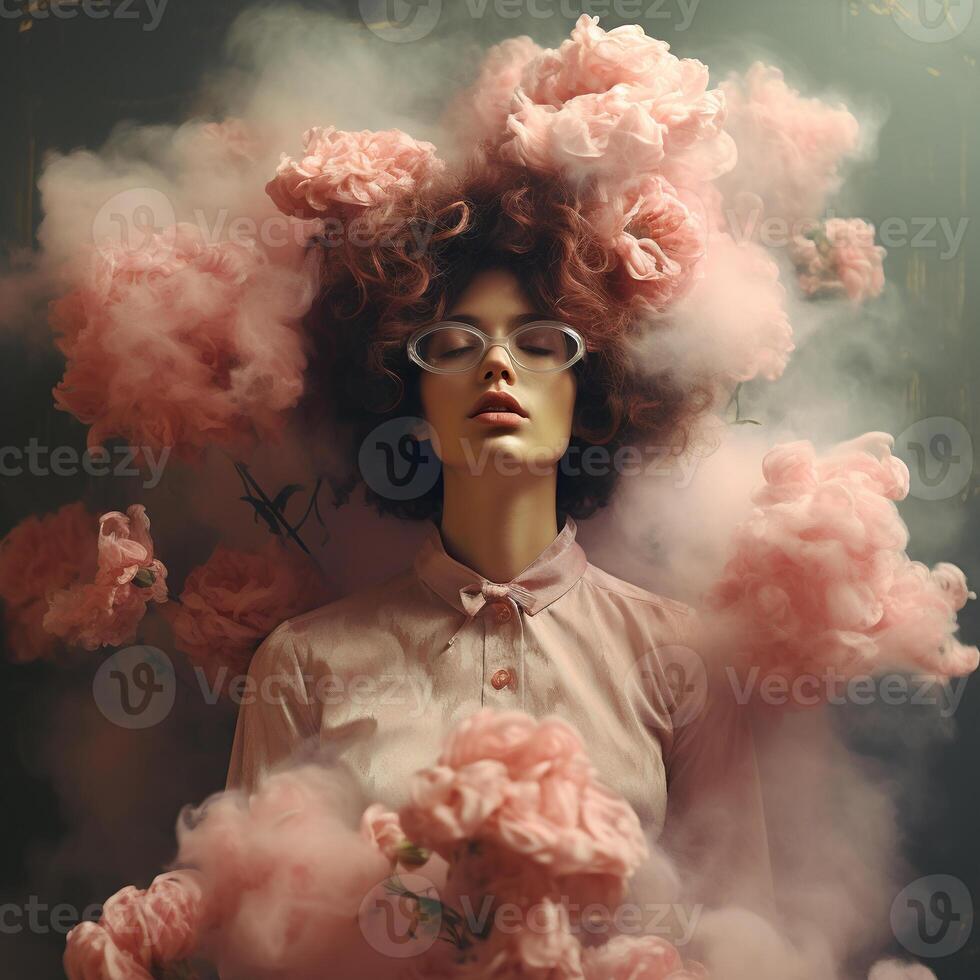 ai generato alla moda ragazza nel occhiali da sole e nuvole di rosa Fumo. generato di artificiale intelligenza foto
