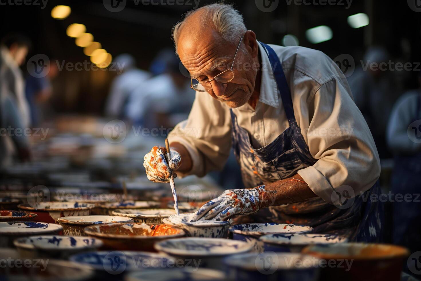 ai generato un anziano lavoratore con bicchieri a un' dipingere fabbrica. un' uomo miscele vernici nel produzione. generato di artificiale intelligenza foto