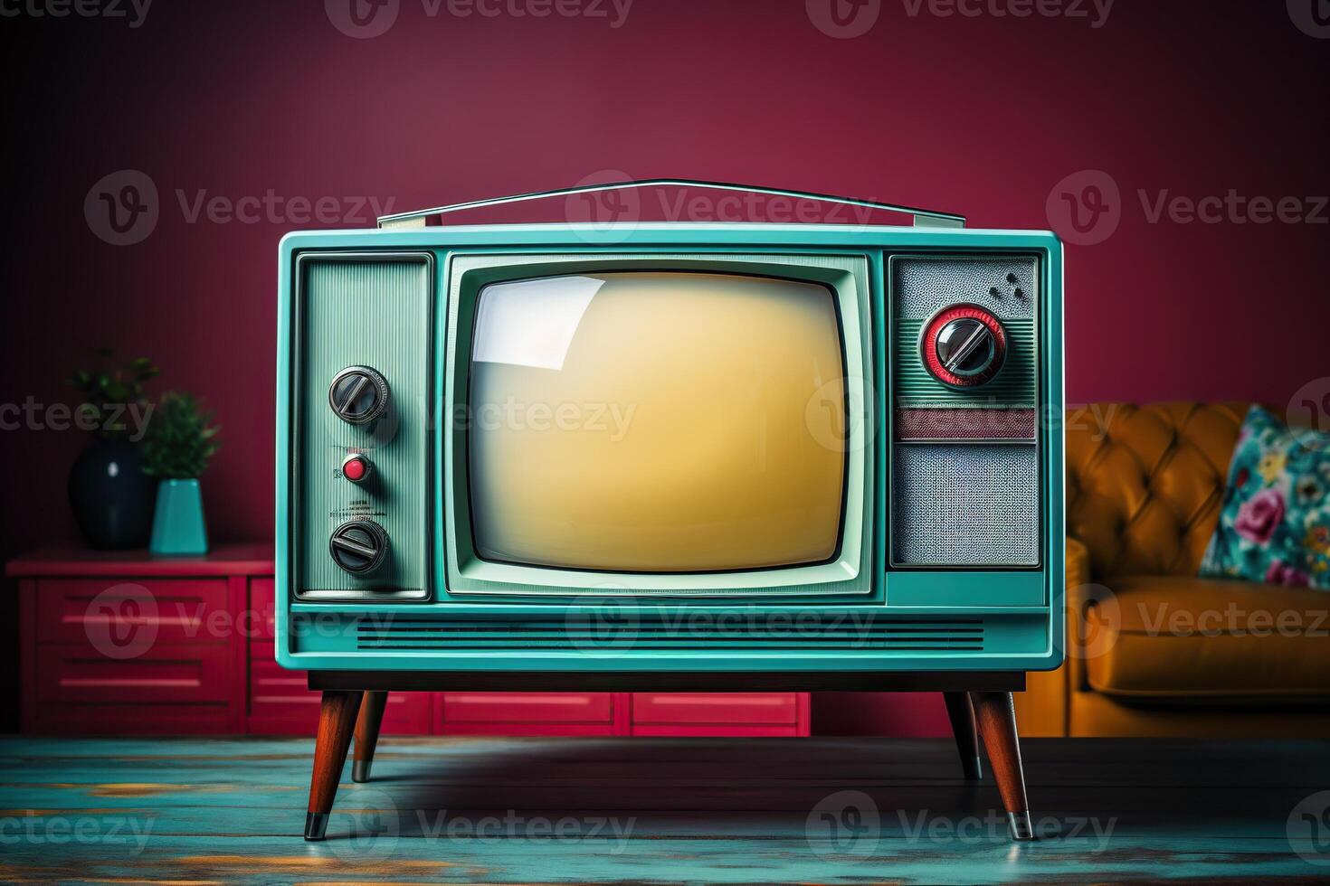 ai generato un' Vintage ▾ tv sta su un' di legno tavolo vicino un' Borgogna parete. generato di artificiale intelligenza foto