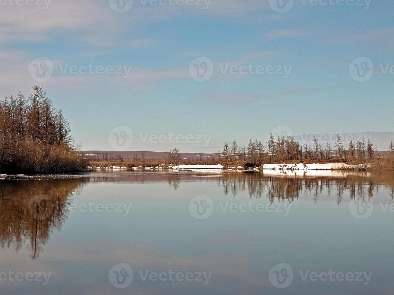 fiume paesaggio presto primavera. spoglio alberi, fusione neve. foto