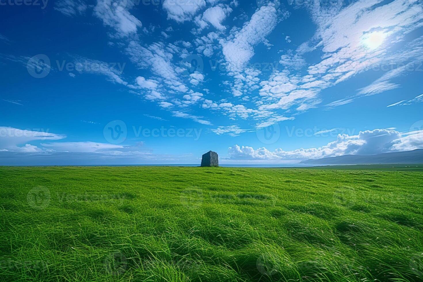 ai generato blu cielo complementi un' vasto verde erba campo nel armonia foto