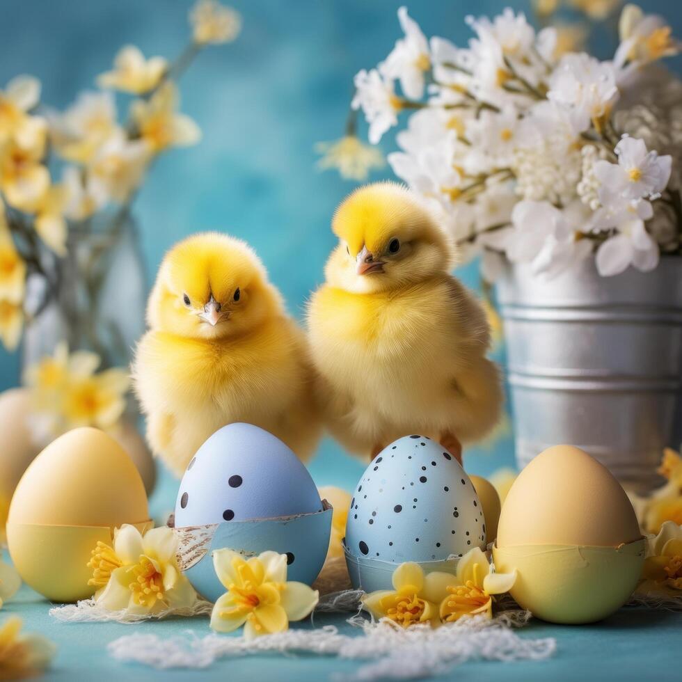 ai generato carino pulcini e Pasqua decorazioni combinare per modulo un adorabile sfondo per elegante e festivo promozioni. foto