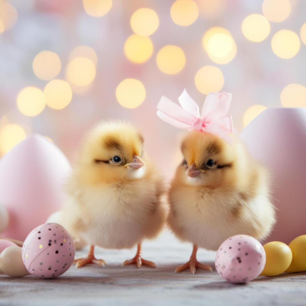 ai generato carino pulcini e Pasqua decorazioni combinare per modulo un adorabile sfondo per elegante e festivo promozioni. foto