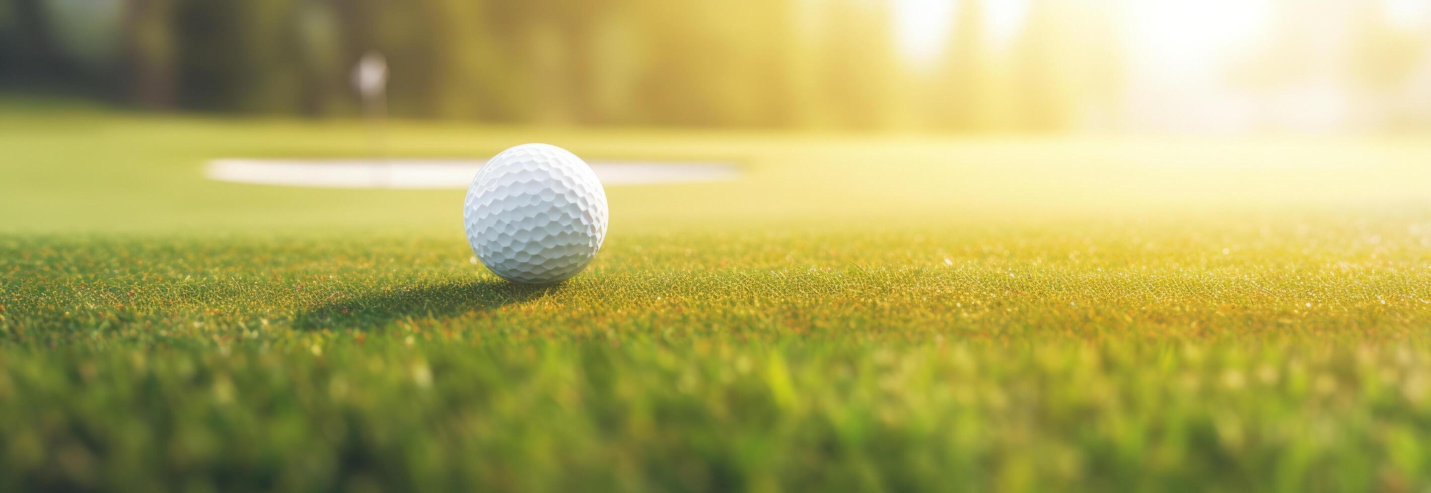 ai generato golf palla su erba con luce del sole foto