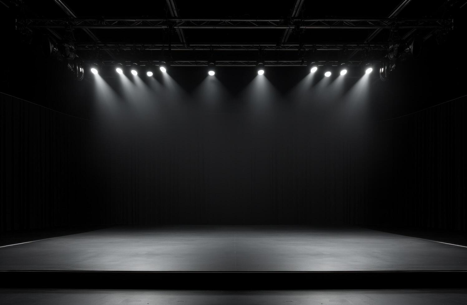 ai generato il palcoscenico con faretti impostato contro un' nero sfondo. foto