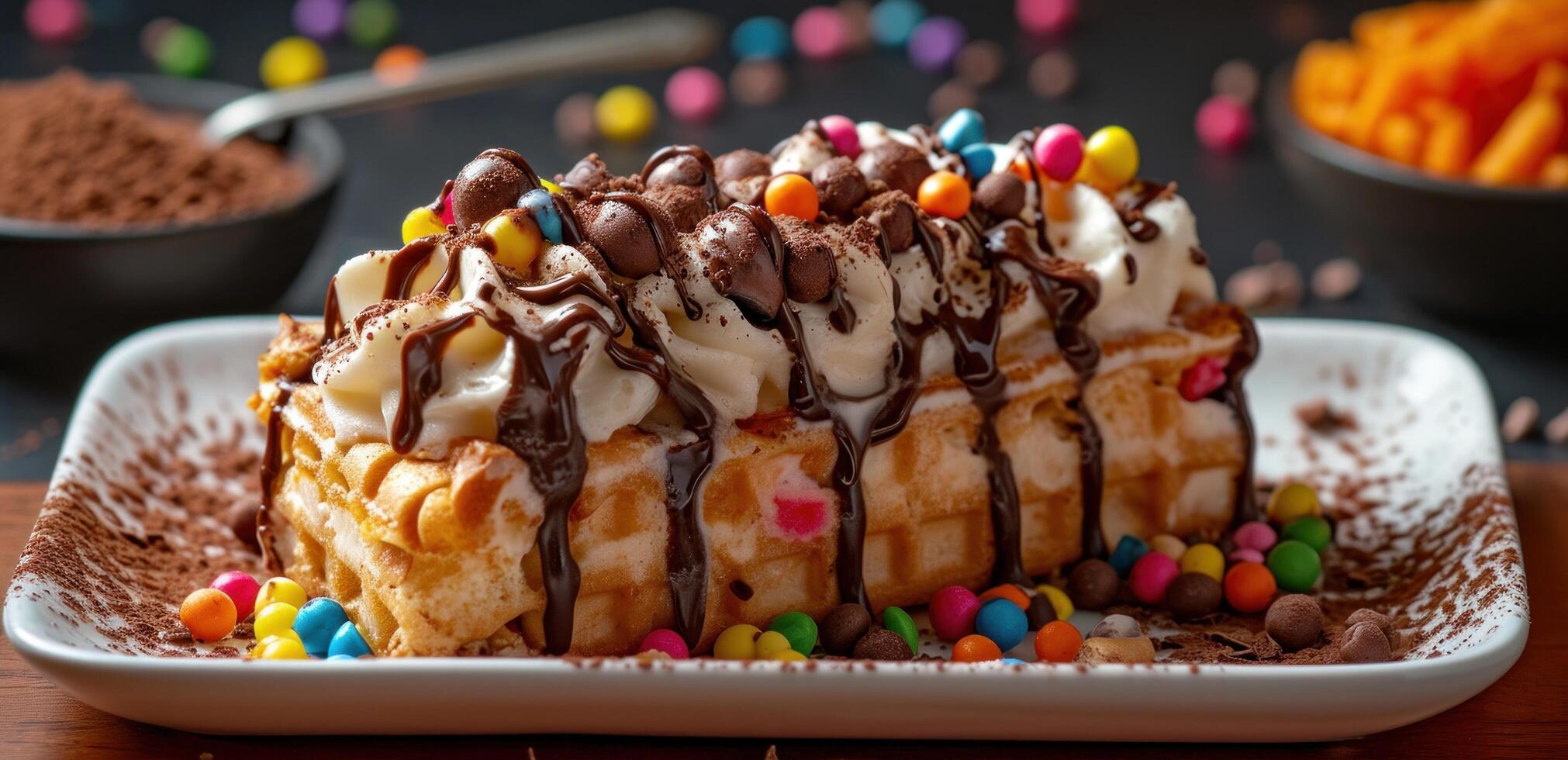 ai generato un' torta e cioccolato ghiaccio crema con caramello, allungata foto