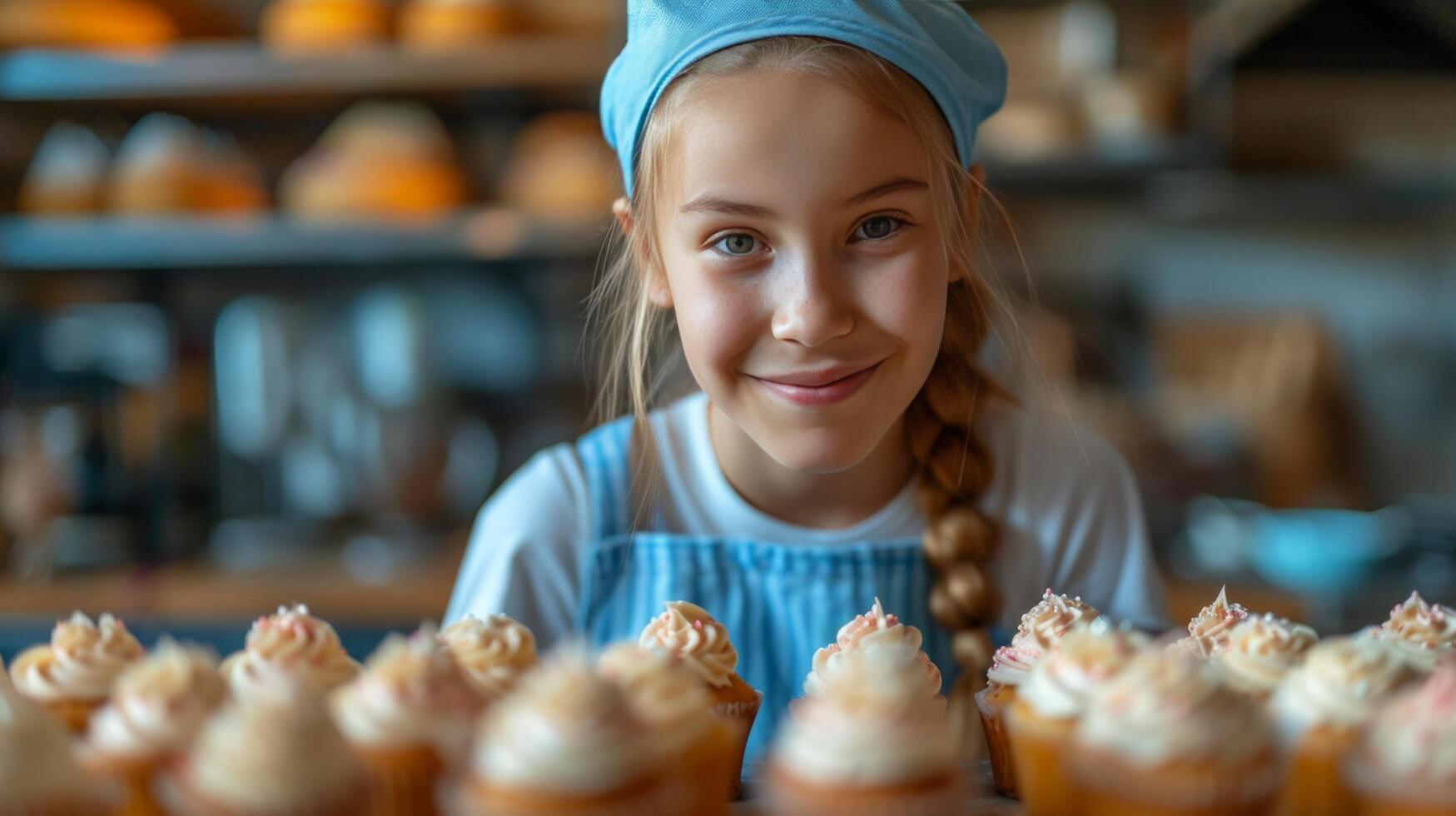 ai generato bellissimo ragazza 12 anni vecchio cuoce vacanza cupcakes nel il cucina foto