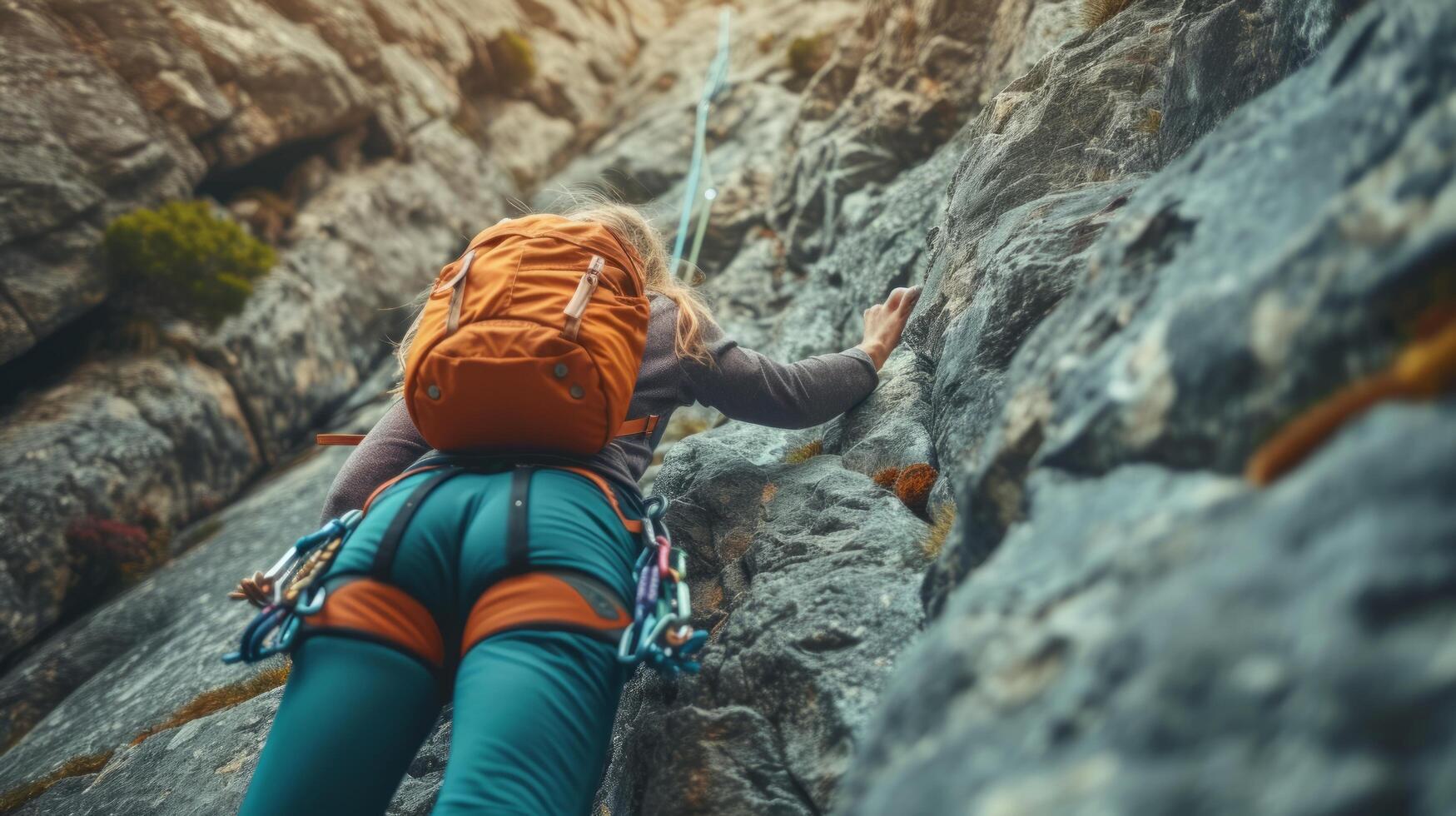 ai generato un' bellissimo ragazza con un' roccia scalatore è arrampicata il montagna foto