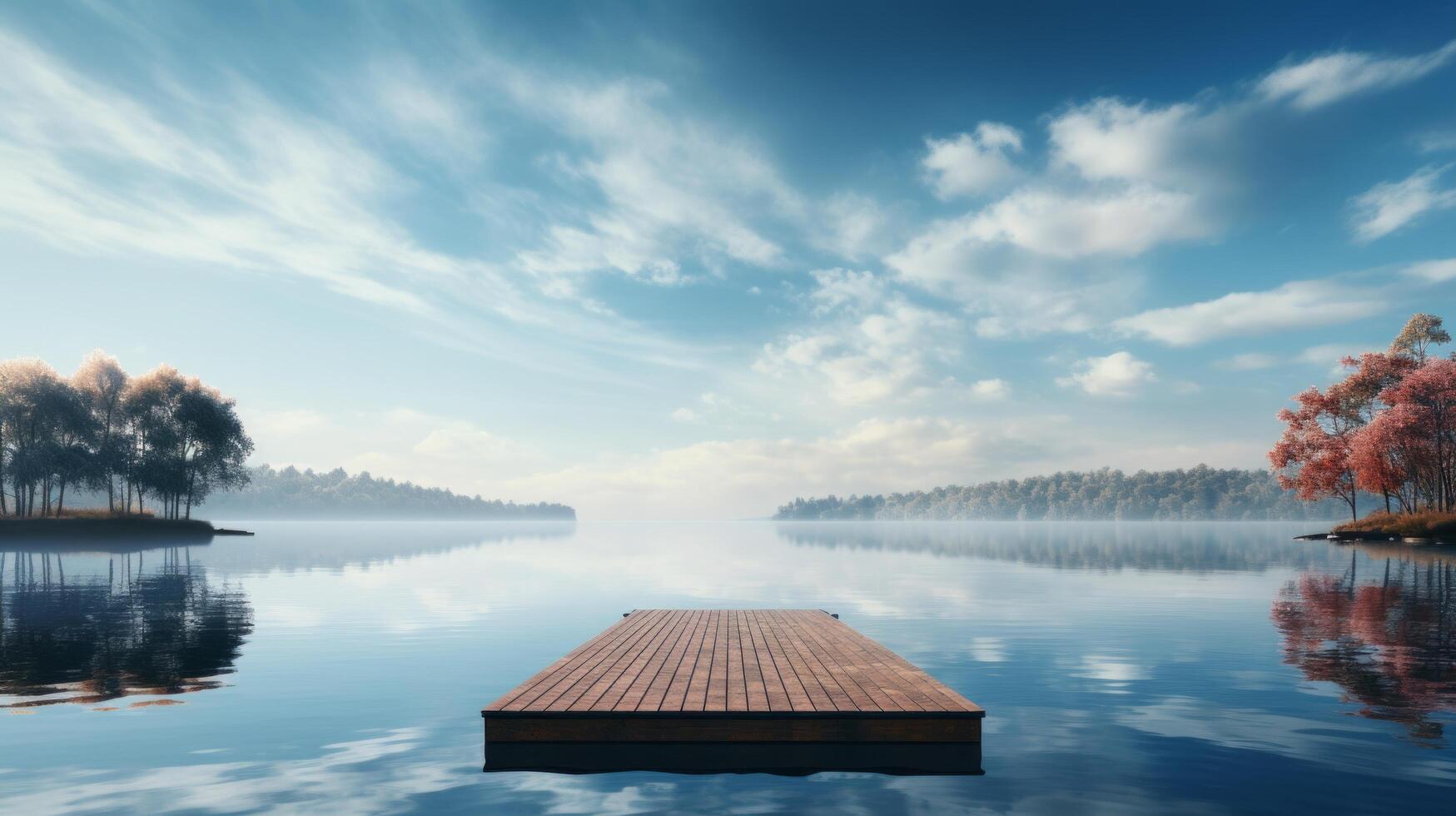 ai generato un disoccupato piattaforma su un' tranquillo sponde del lago, con simile a uno specchio acque riflettendo il dintorni. foto