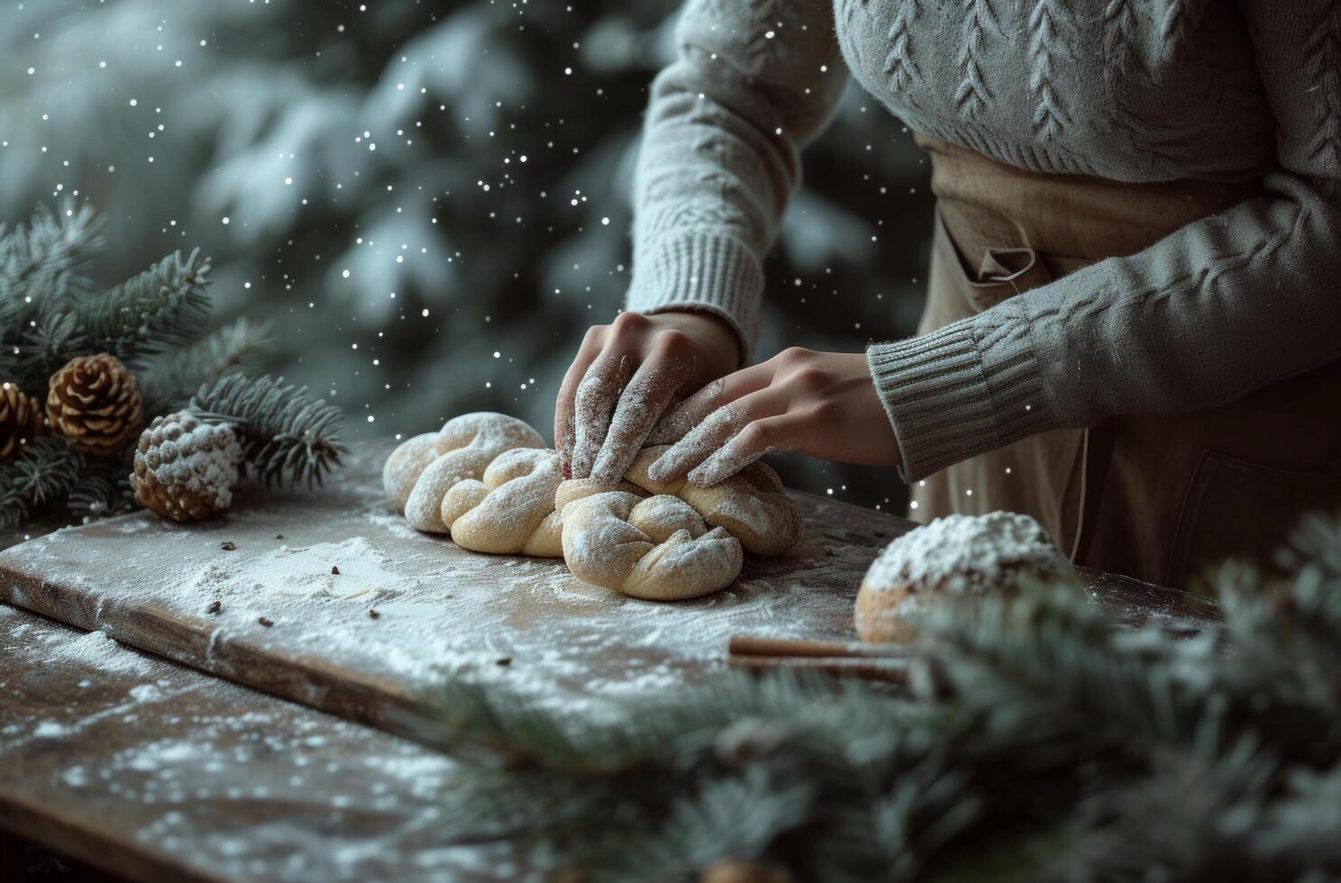 ai generato ragazza mani su Impasto e cannella panini di tavolo sotto alberi foto