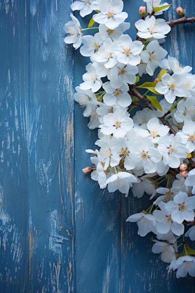 ai generato un autunno Immagine fatto con bianca ciliegia fiori su un' blu legna sfondo. foto