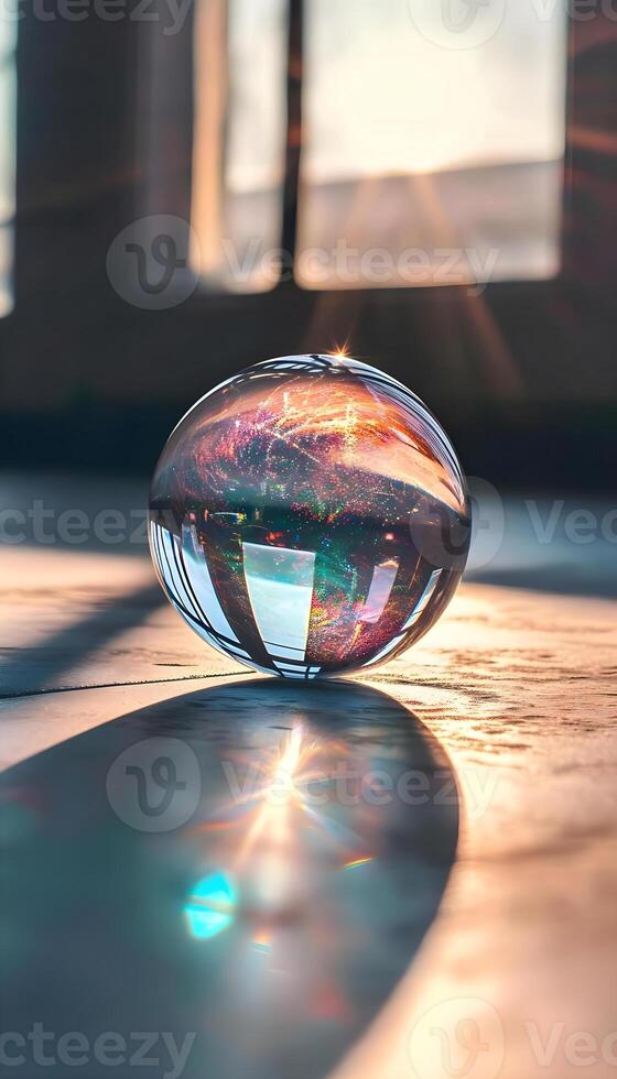 ai generato un' bicchiere palla seduta su superiore di un' di legno pavimento foto