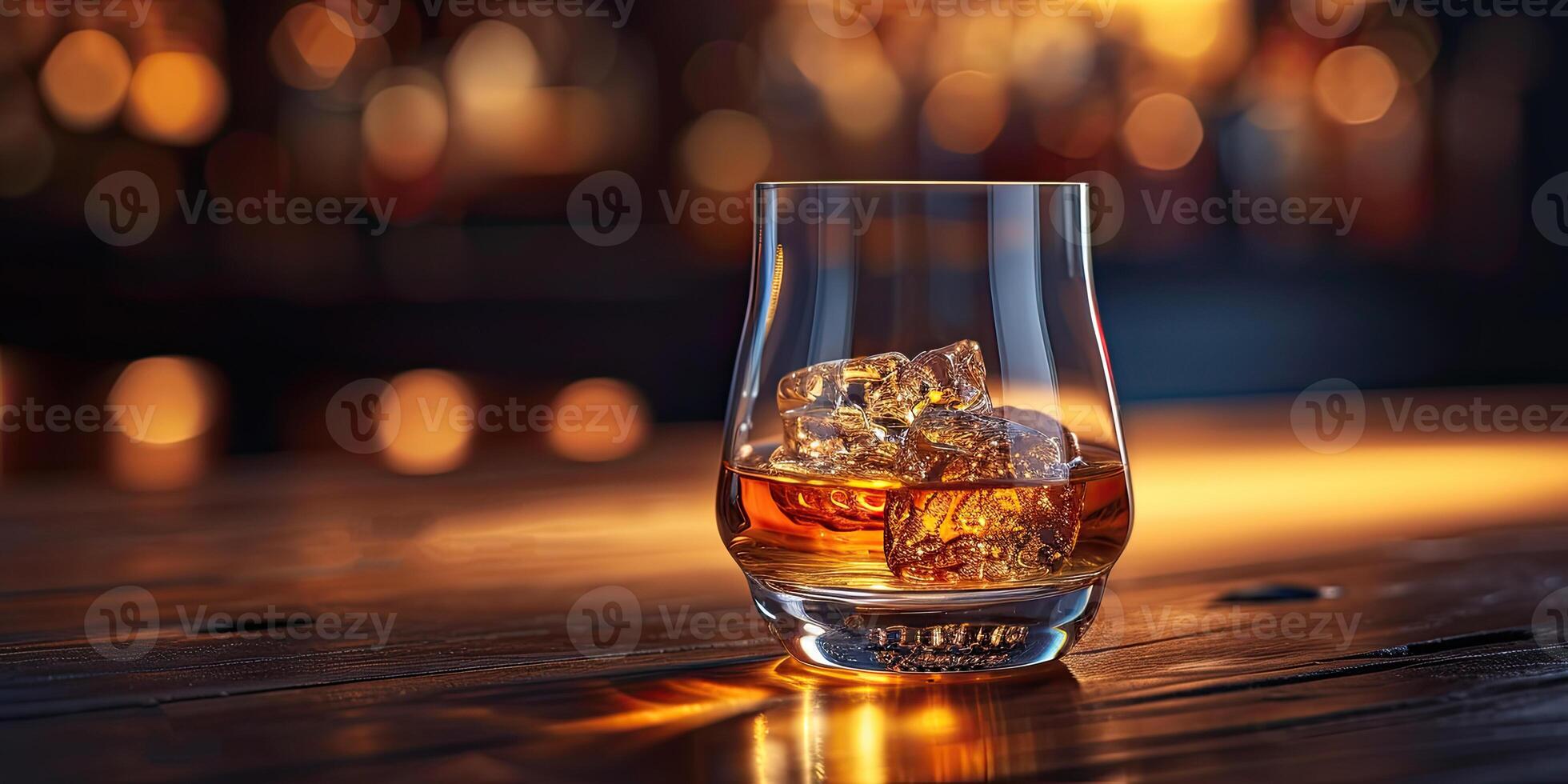 ai generato bicchiere di whisky con ghiaccio su un' di legno bar contatore. classico whisky nel un' bicchiere nel un' offuscare bar con copia spazio. foto