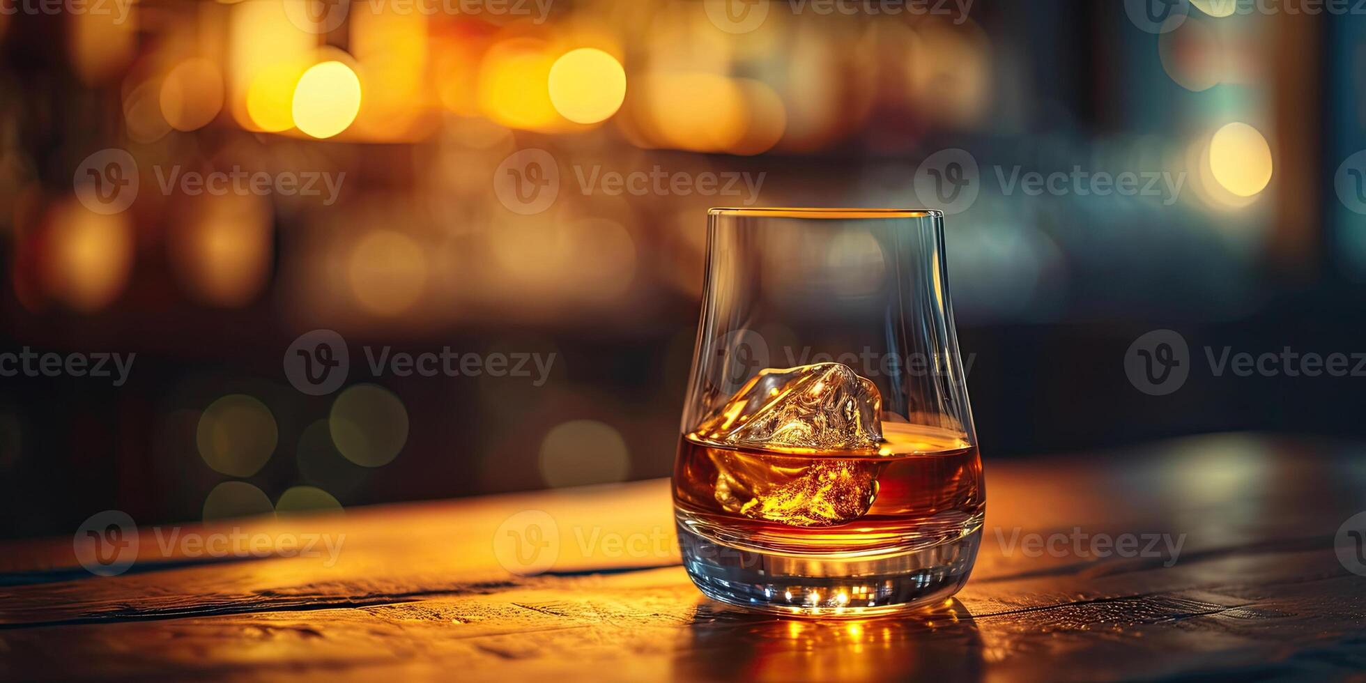 ai generato bicchiere di whisky con ghiaccio su un' di legno bar contatore. classico whisky nel un' bicchiere nel un' offuscare bar con copia spazio. foto