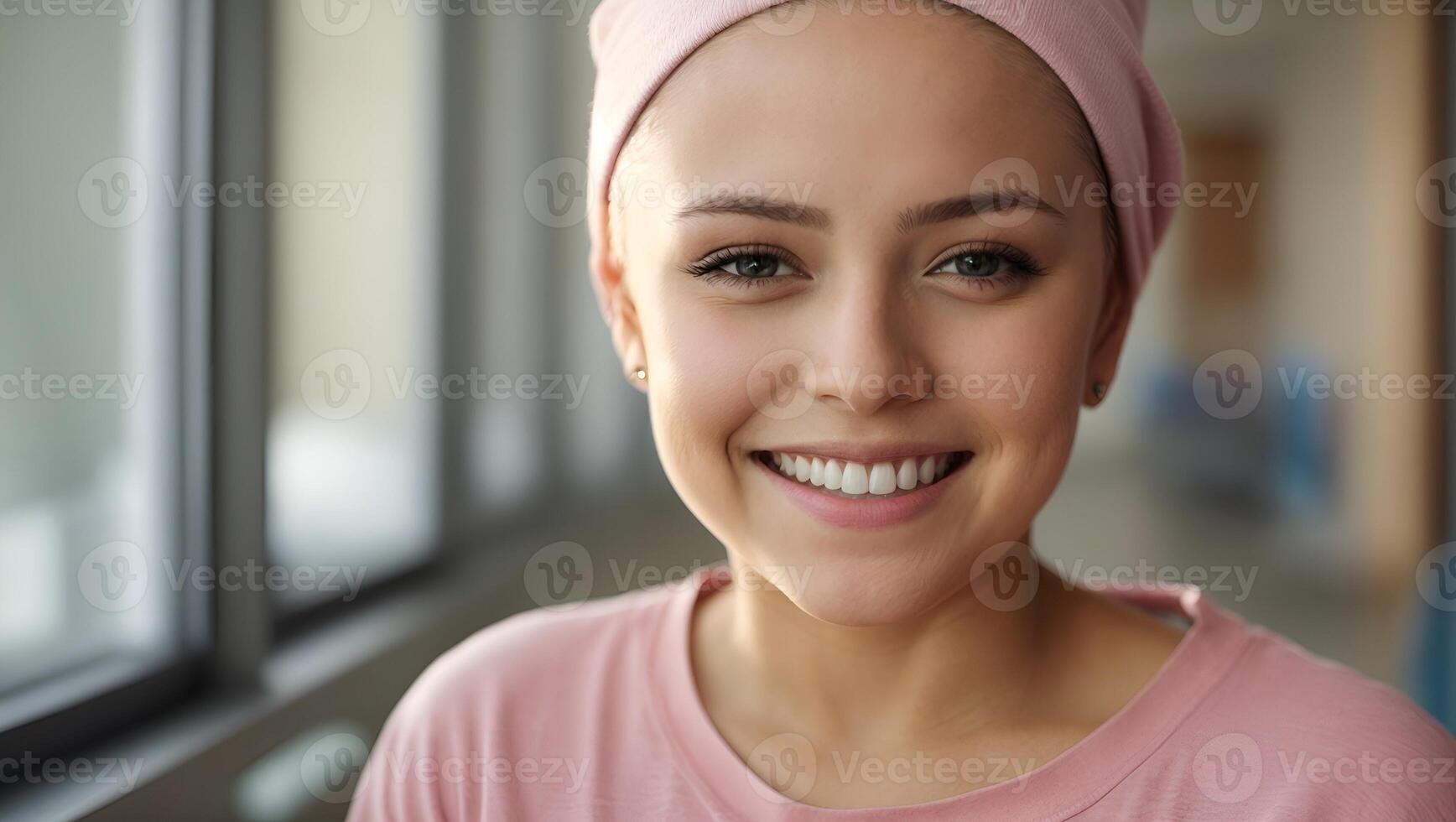 ai generato smiley forte ragazza combattente cancro con rosa sciarpa su il testa foto