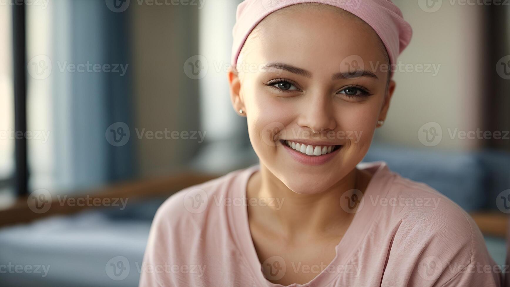 ai generato smiley forte ragazza combattente cancro con rosa sciarpa su il testa foto