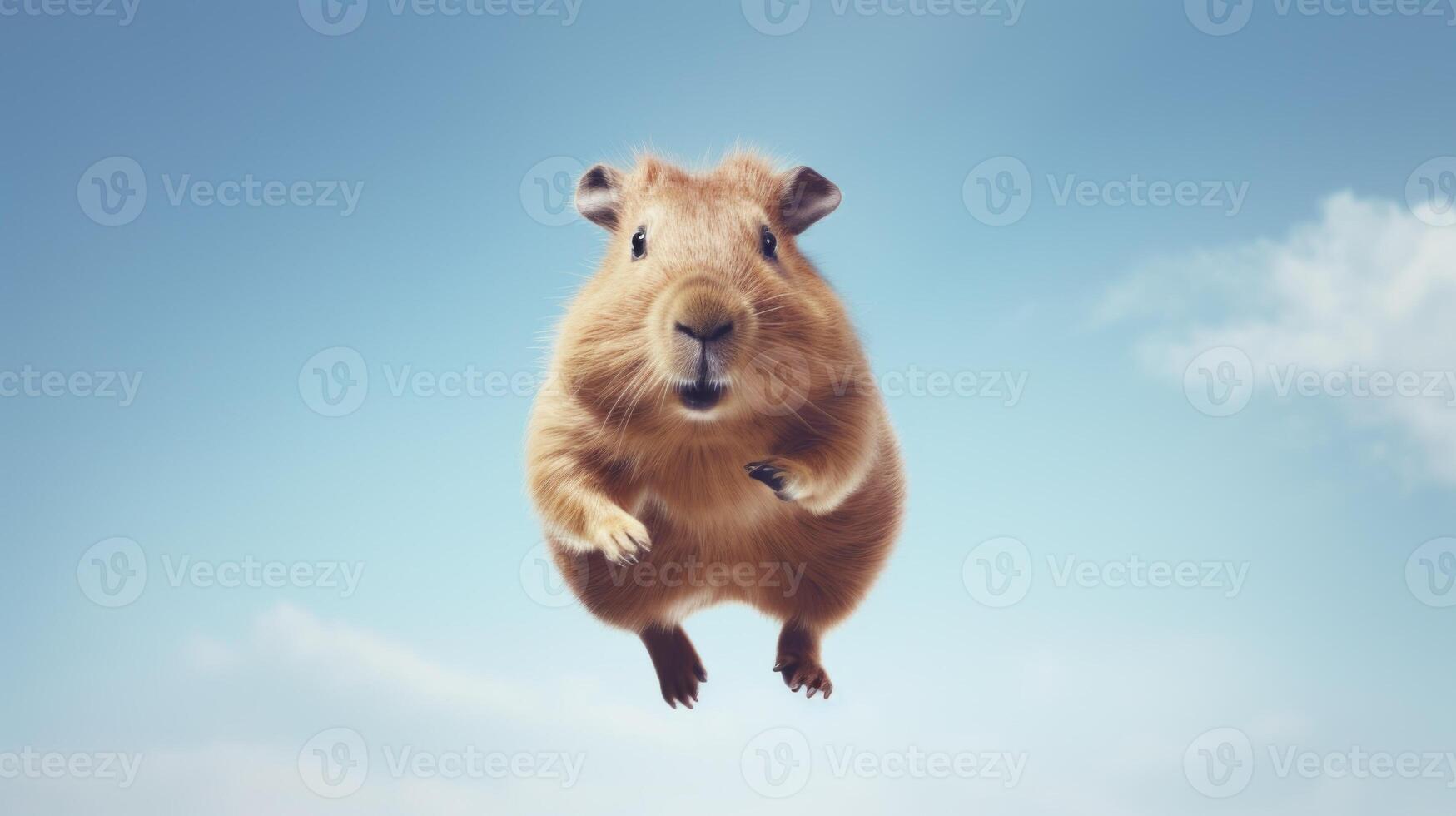 ai generato volante carino capibara personaggio su blu cielo sfondo. foto