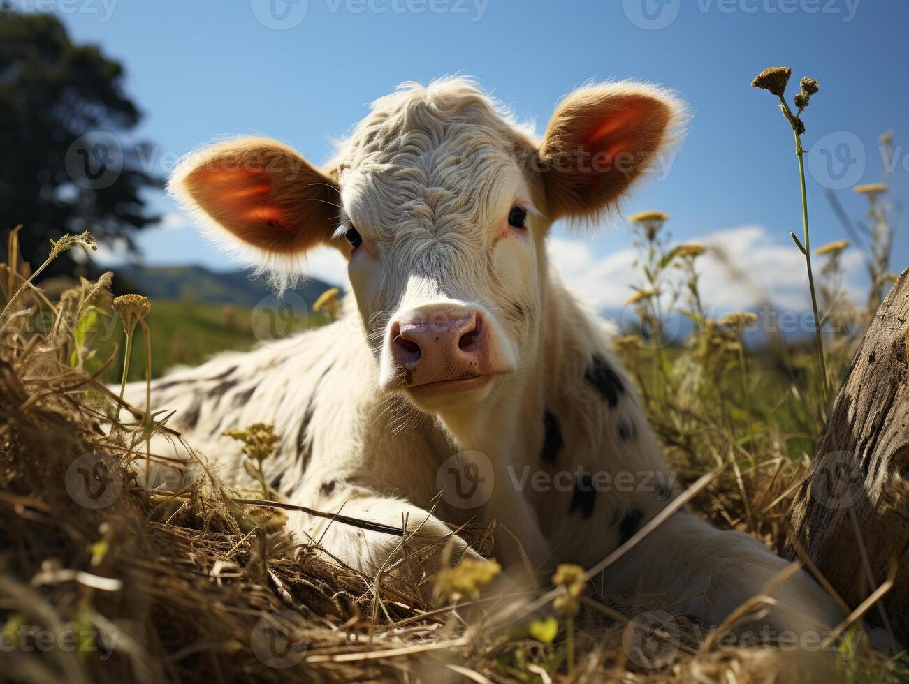 ai generato carino poco vitello nel il prato su un' soleggiato giorno. foto