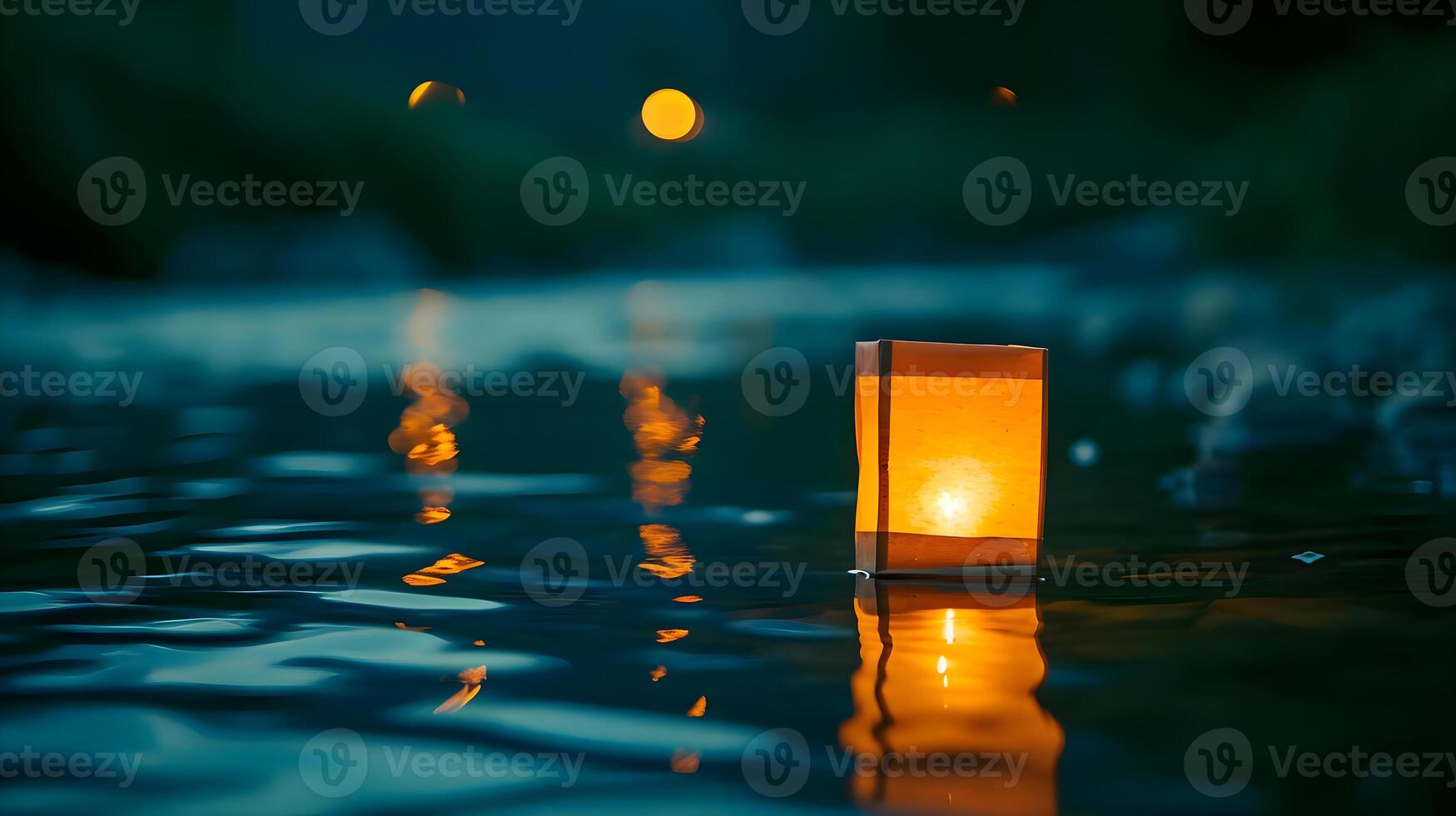 ai generato un' illuminato candela galleggiante su superiore di un' corpo di acqua foto