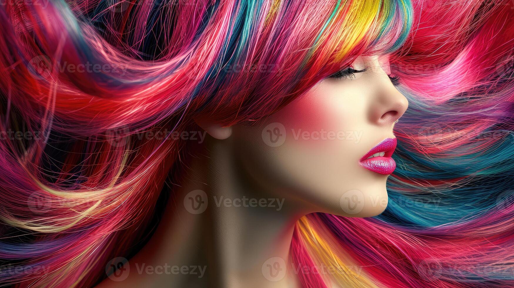 ai generato bellissimo donna con multicolore capelli e creativo rendere su e acconciatura. bellezza viso. foto