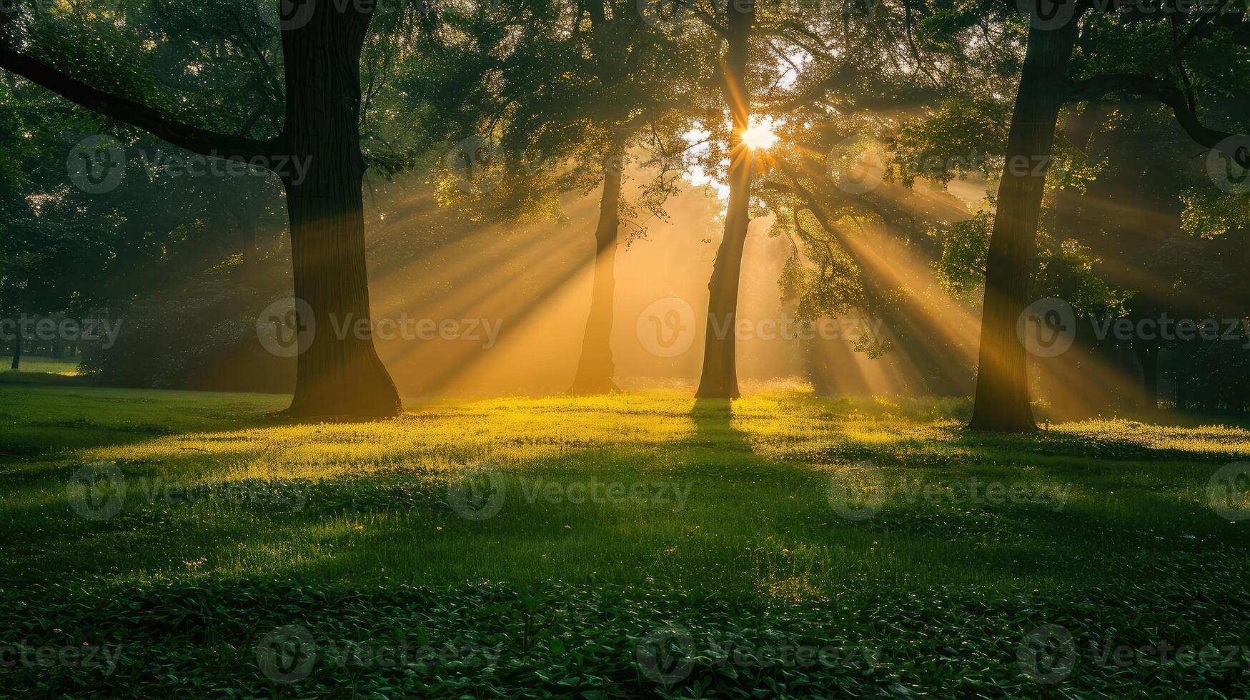 ai generato Alba fascio nel il bellissimo parco foto