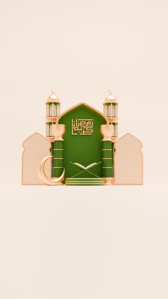 3d rendere Ramadan sfondo con moschea, corano, pilastro e islamico ornamenti per sociale media storia modello foto