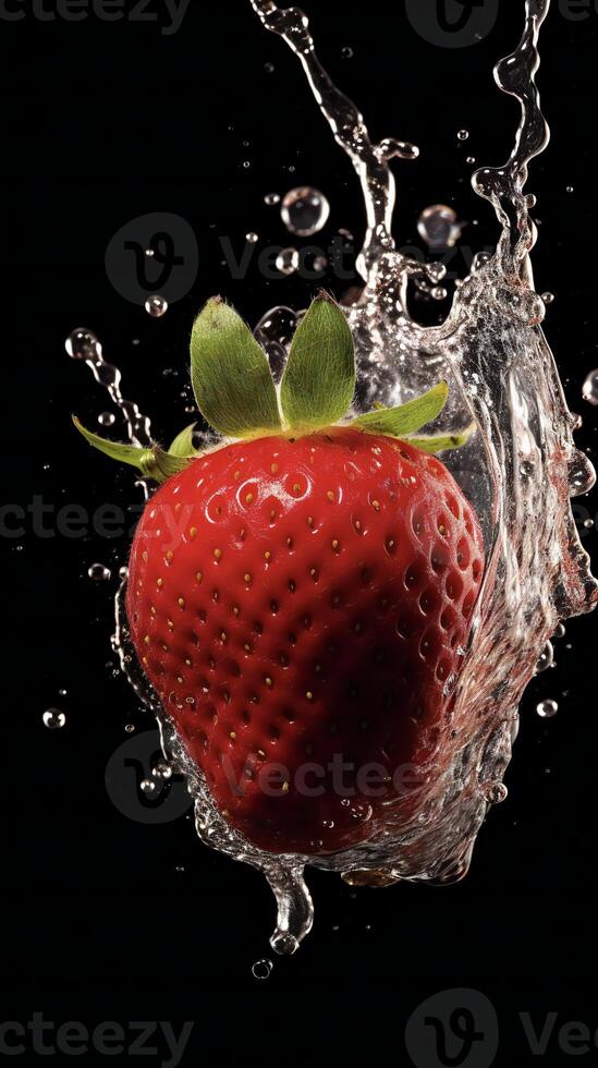 ai generato un' fragola essere schizzato con acqua foto