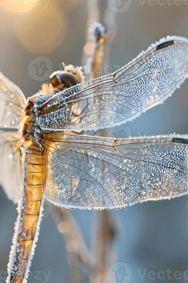 ai generato un' vicino su di un' libellula su un' pianta foto