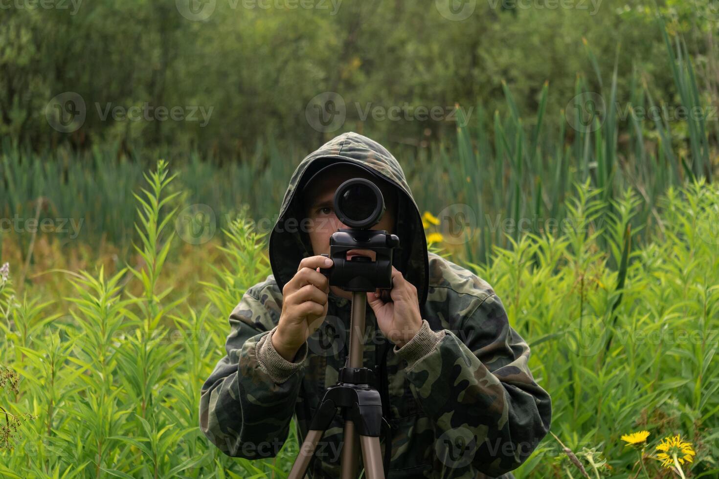 uomo natura ricercatore fa osservazioni nel il selvaggio con un' avvistamento scopo foto