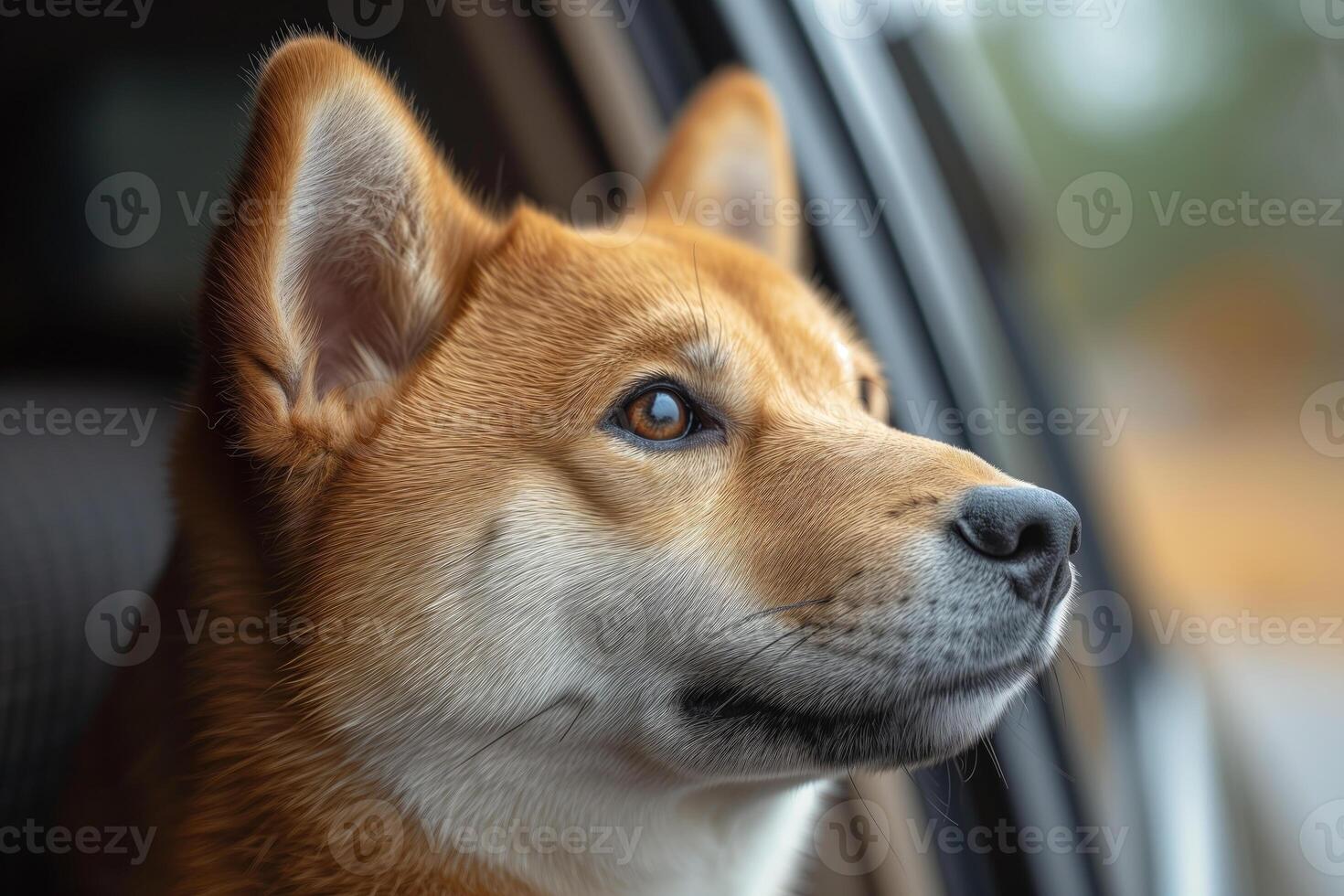 ai generato akita inu cane sembra su di un Aperto auto finestra foto