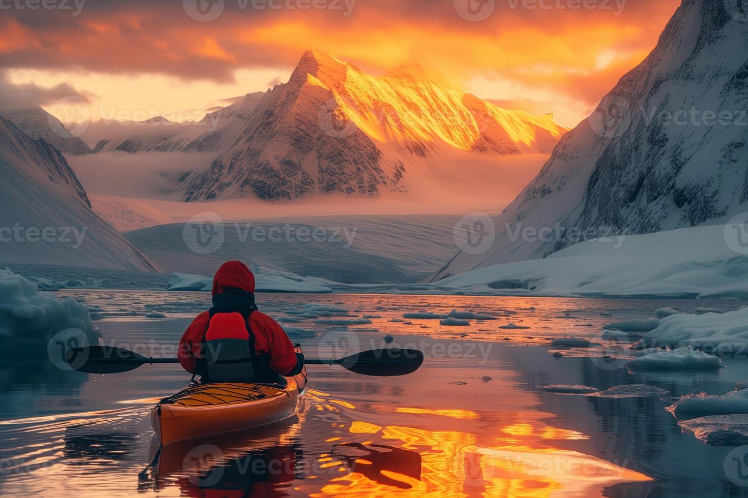 ai generato kayaker su un' mare kayak contro il fondale di roccioso congelato sponde foto