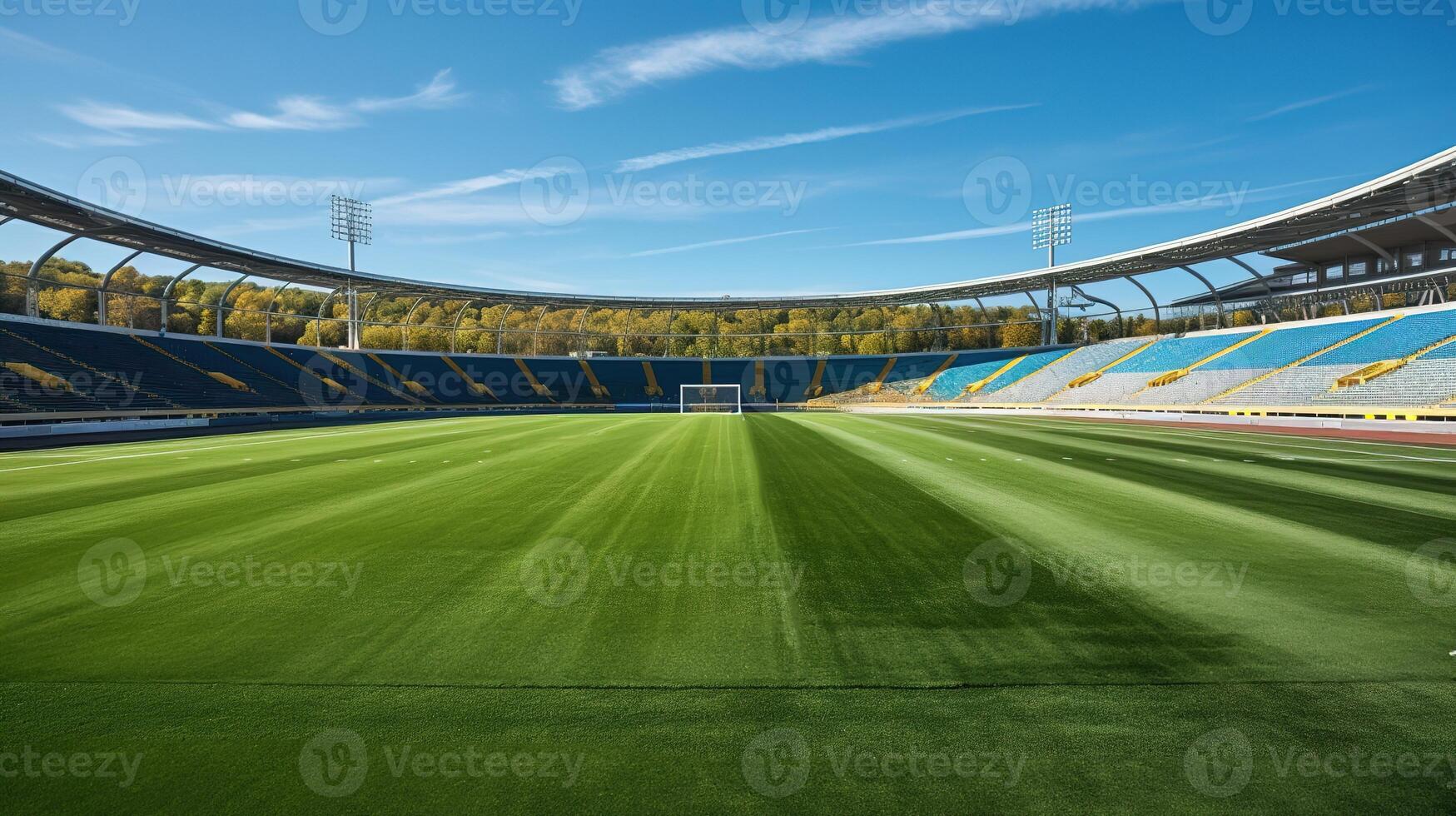 ai generato panoramico Visualizza di il vuoto calcio stadio con verde erba e blu cielo foto