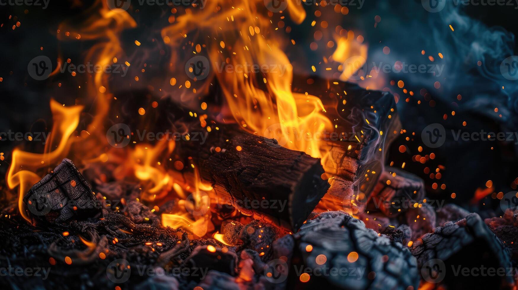 ai generato ardente legna a notte. fuoco di bivacco a turistico campo a natura nel montagne. fiamma e fuoco scintille su buio astratto sfondo. cucinando barbecue all'aperto. foto