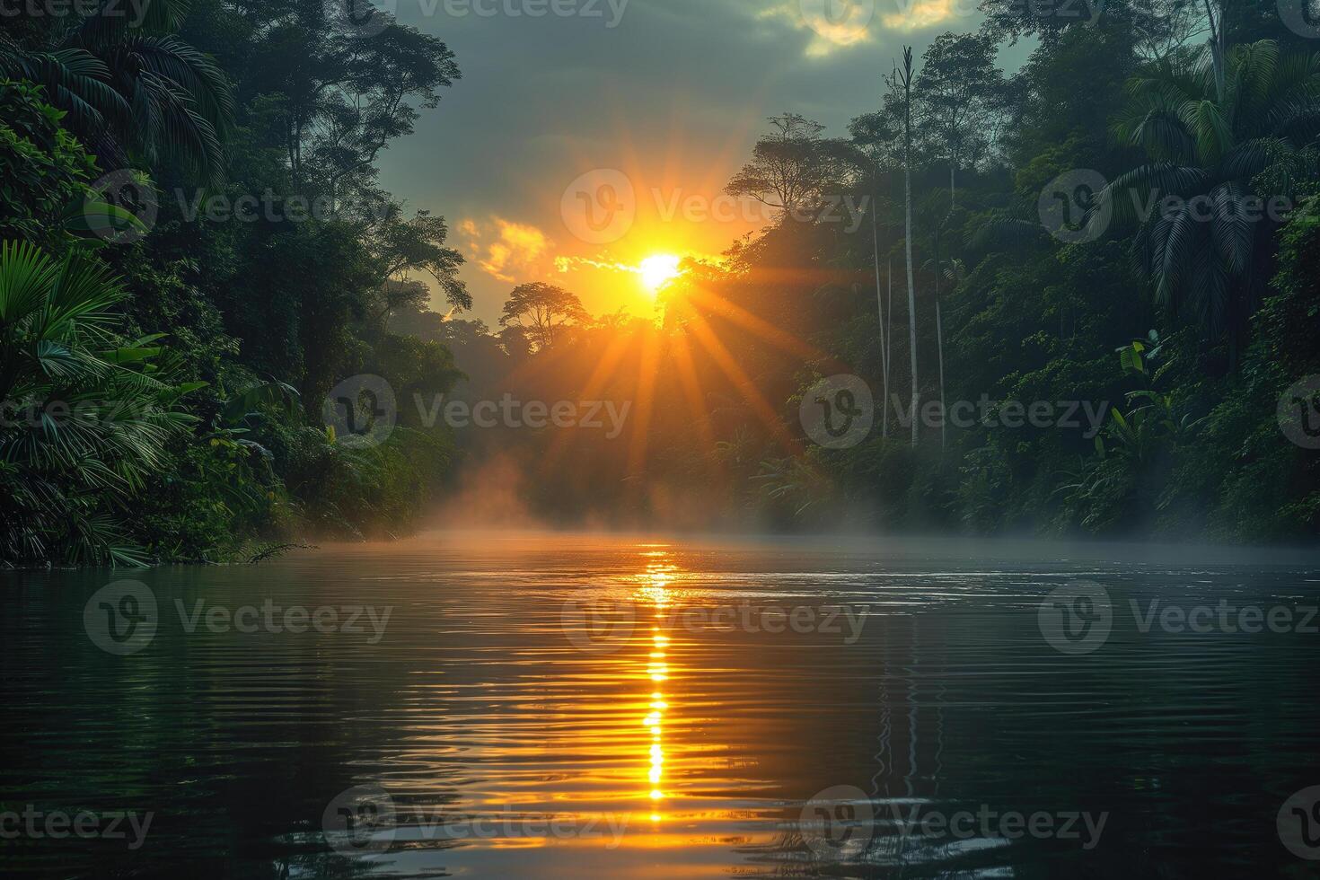 ai generato Alba nel un' nebbioso tropicale foresta pluviale durante fiume alluvione foto