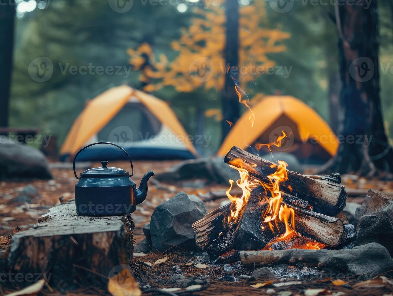 ai generato campo fuoco e tè pentola siamo primo piano e focalizzata, Là è un' tenda nel il sfondo e sfocato foto