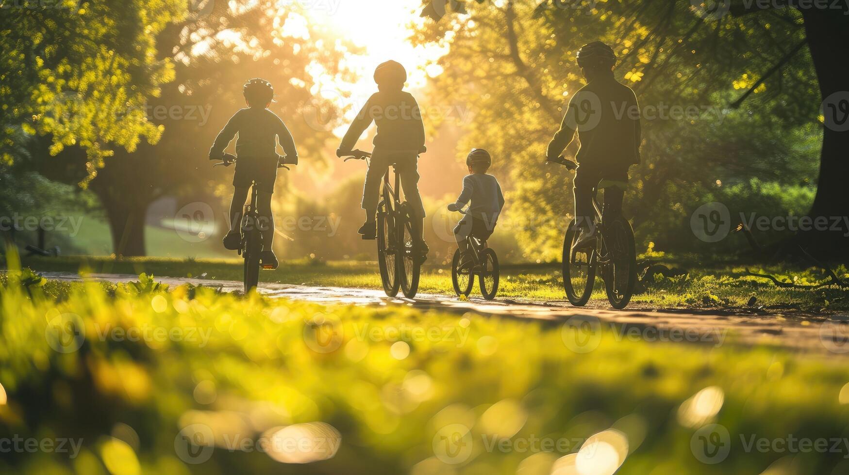 ai generato il famiglia nel il parco su biciclette foto