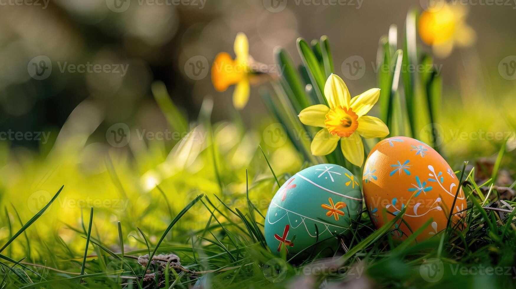ai generato Pasqua uova nascondiglio nel il erba con narciso foto