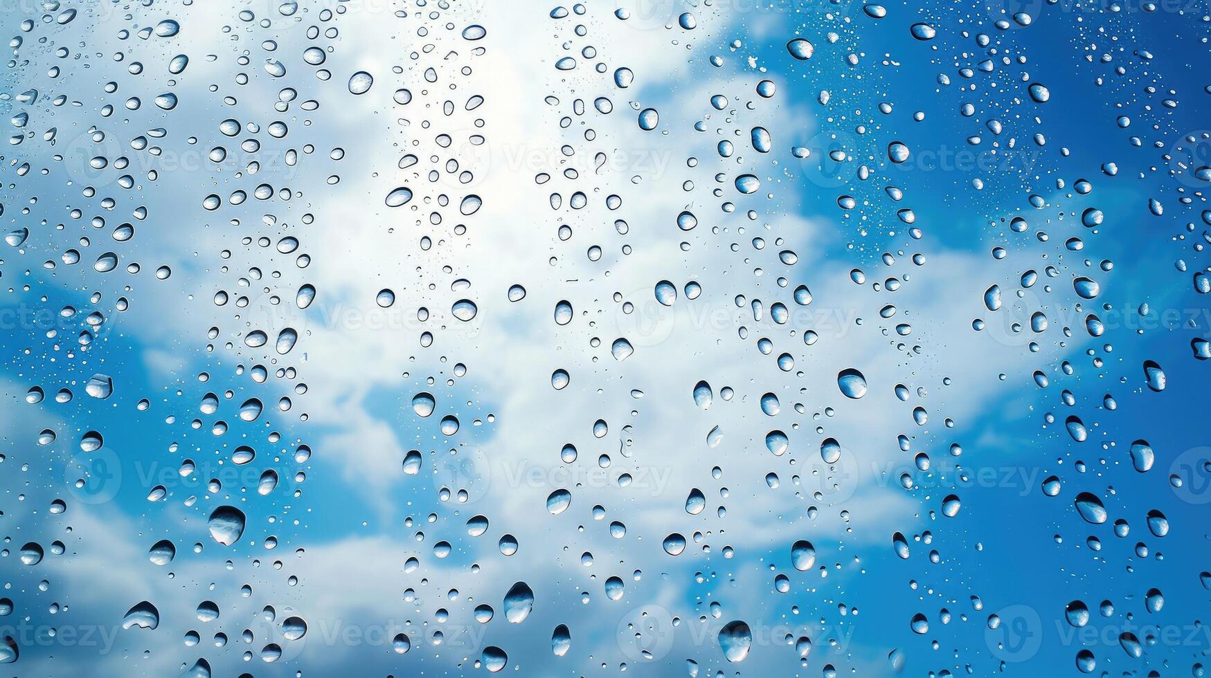 ai generato pioggia gocce su il bicchiere. bellissimo blu e bianca cielo. cielo sfondo foto