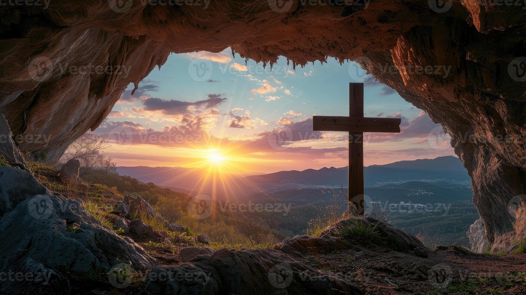 ai generato tramonto Visualizza di un' di legno attraversare a partire dal un' grotta. foto