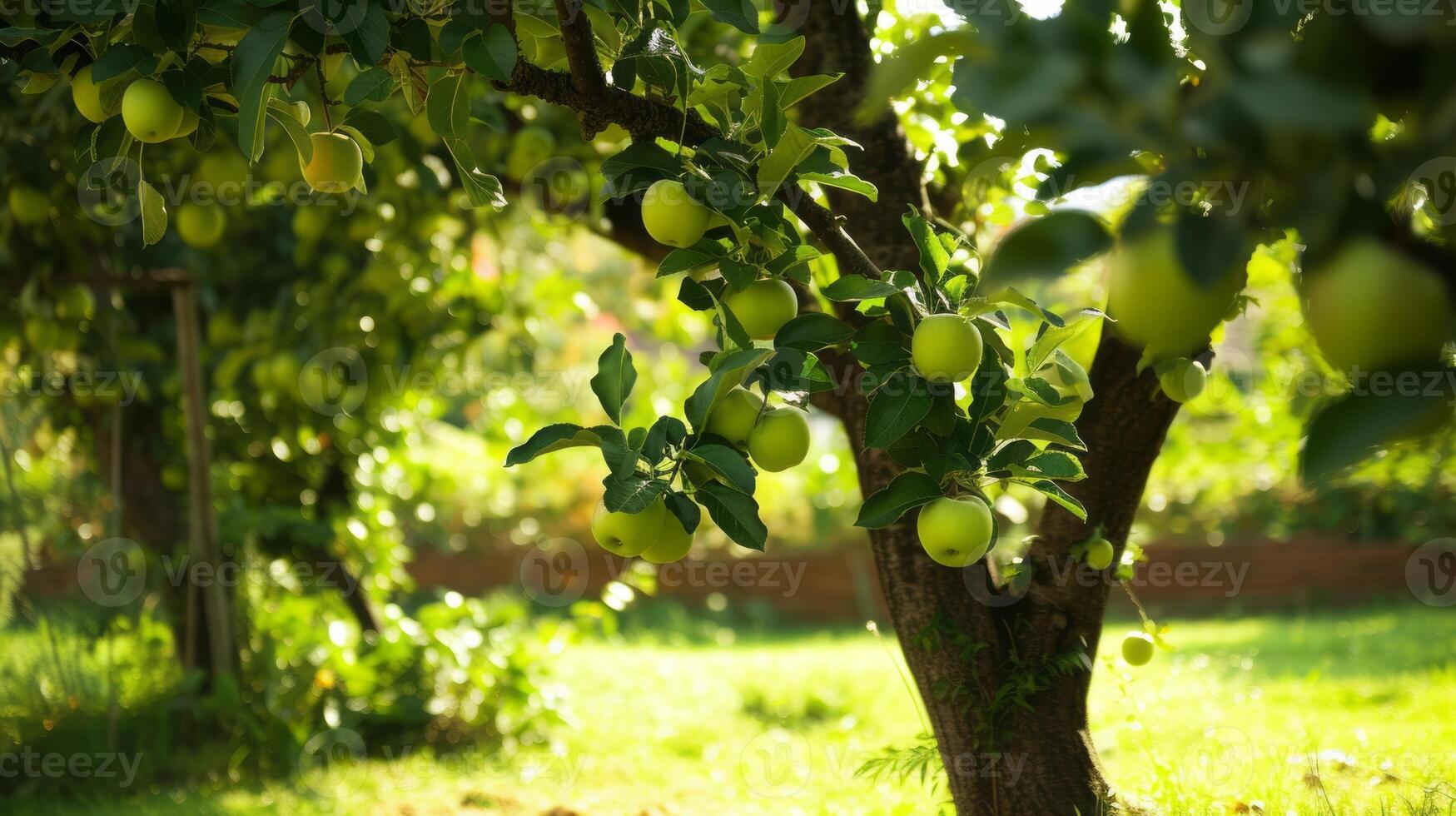 ai generato verde carico di mele albero focale punto, lussureggiante giardino foto