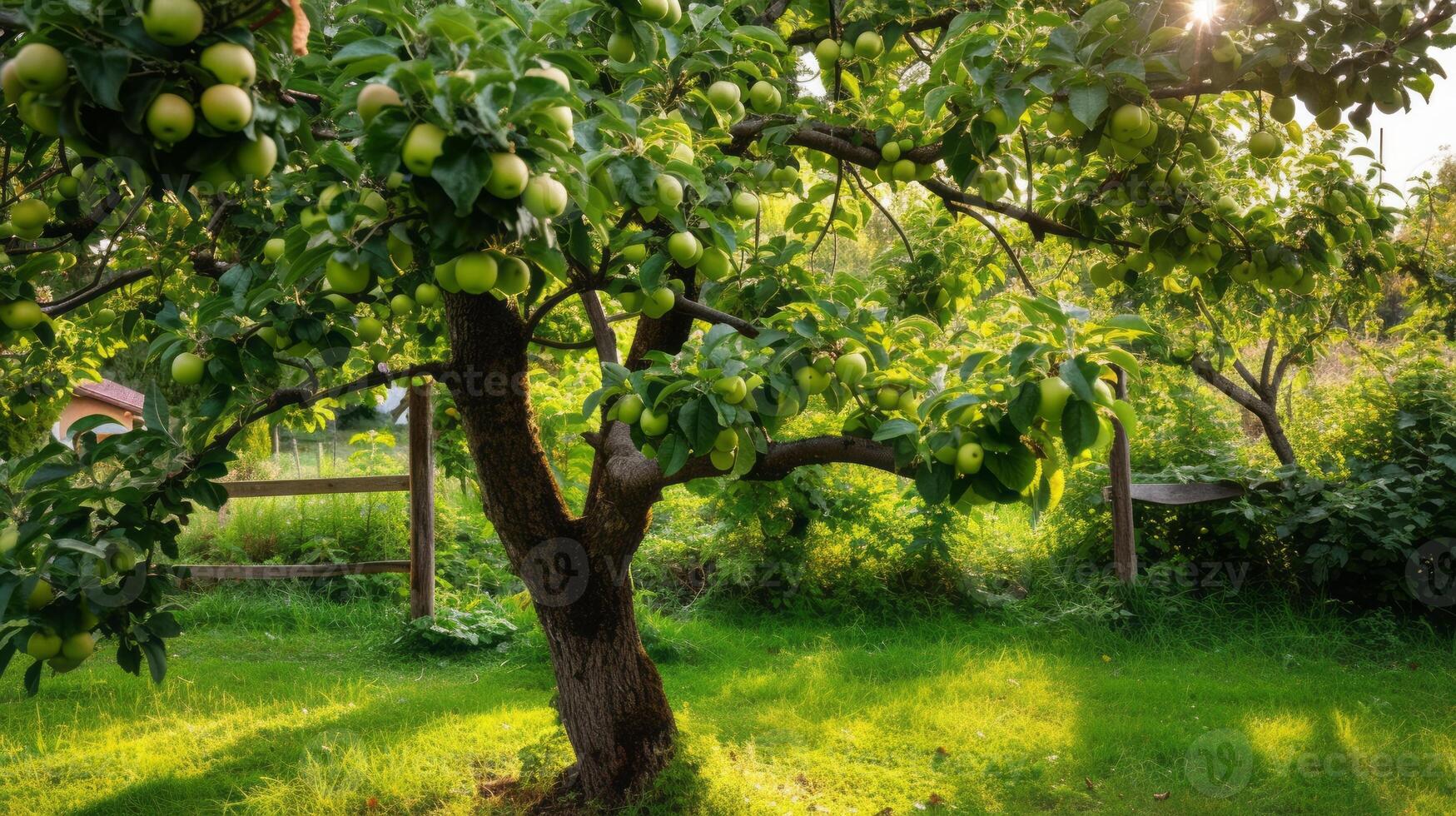 ai generato verde carico di mele albero focale punto, lussureggiante giardino foto