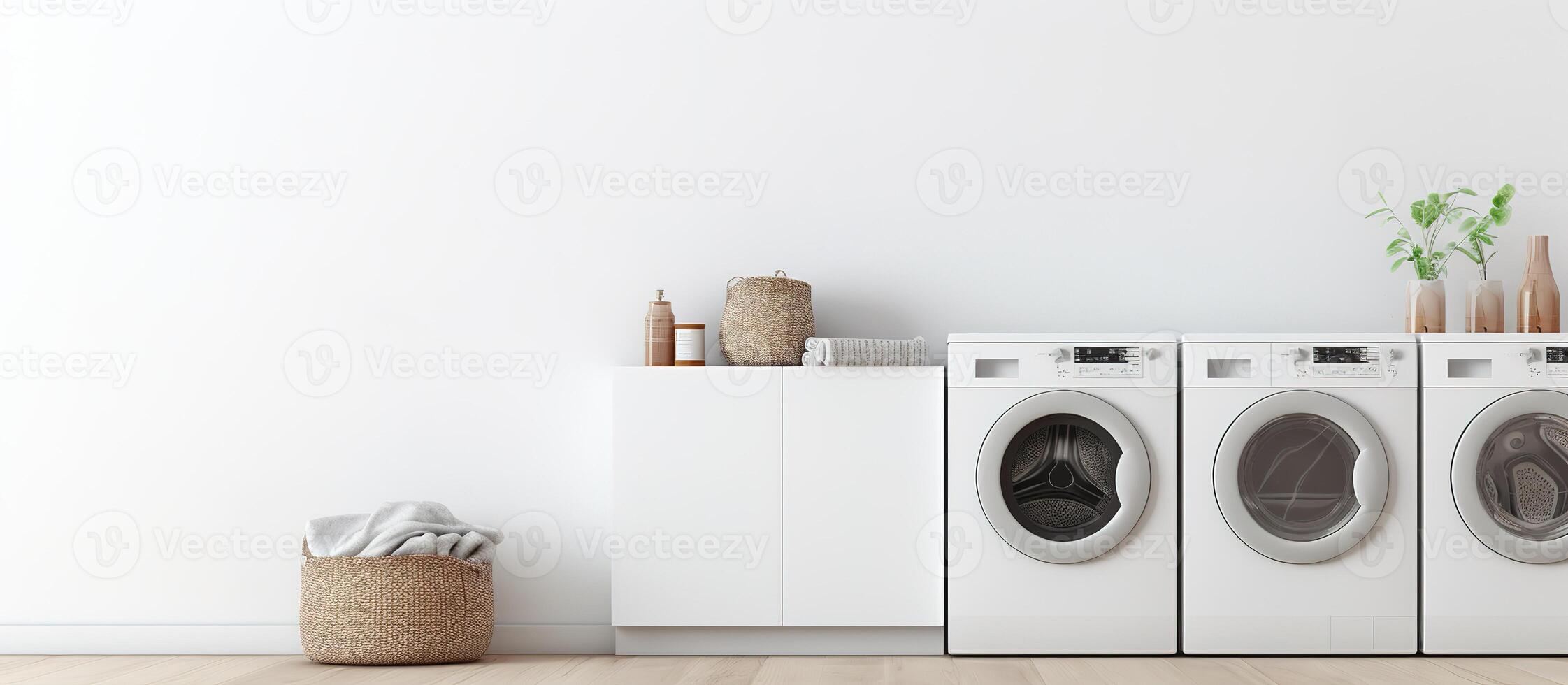 ai generato lavanderia camera con lavaggio macchina e cestino, 3d interpretazione foto