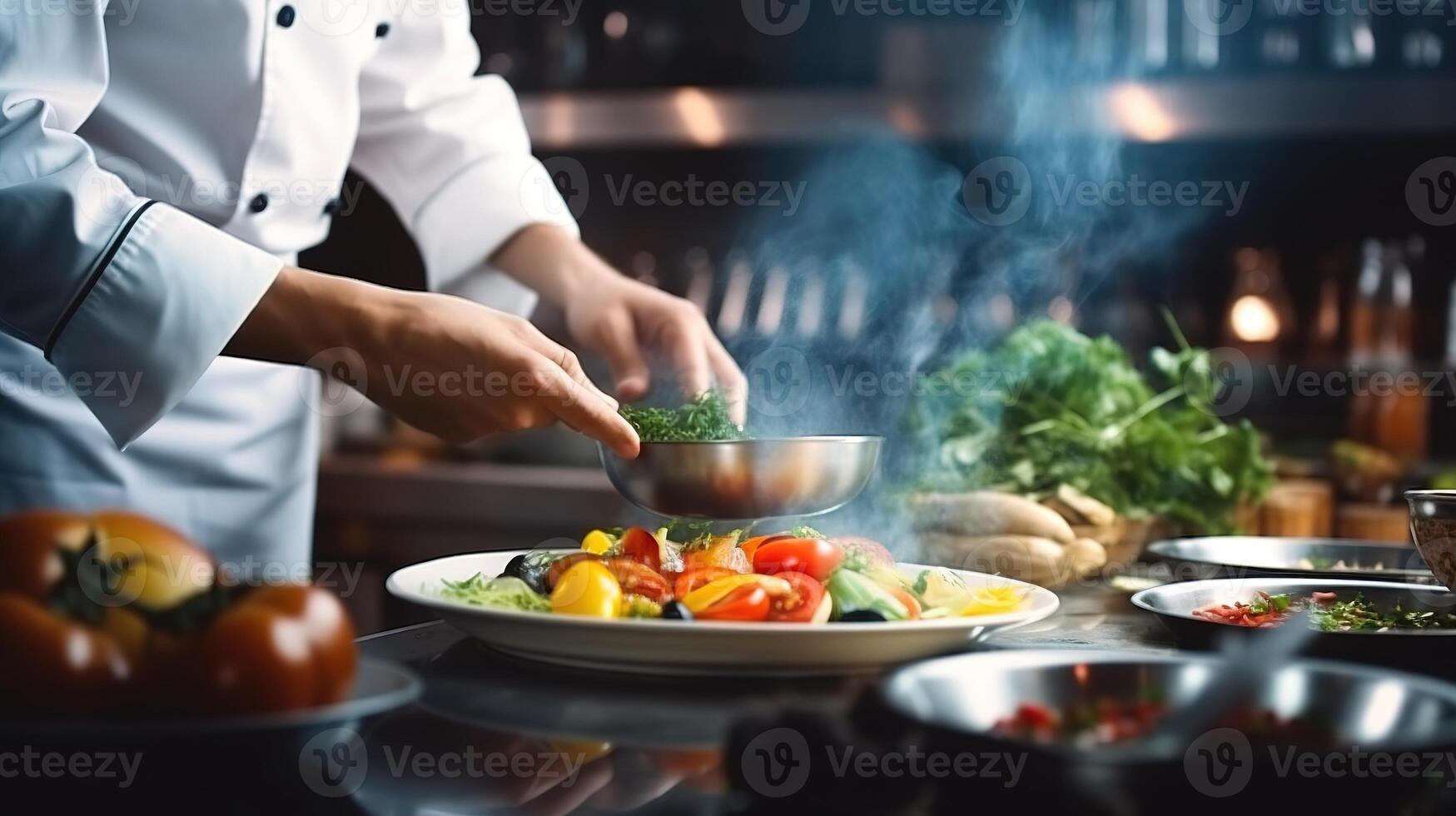 ai generato capocuoco preparazione verdura insalata nel il cucina, avvicinamento. foto