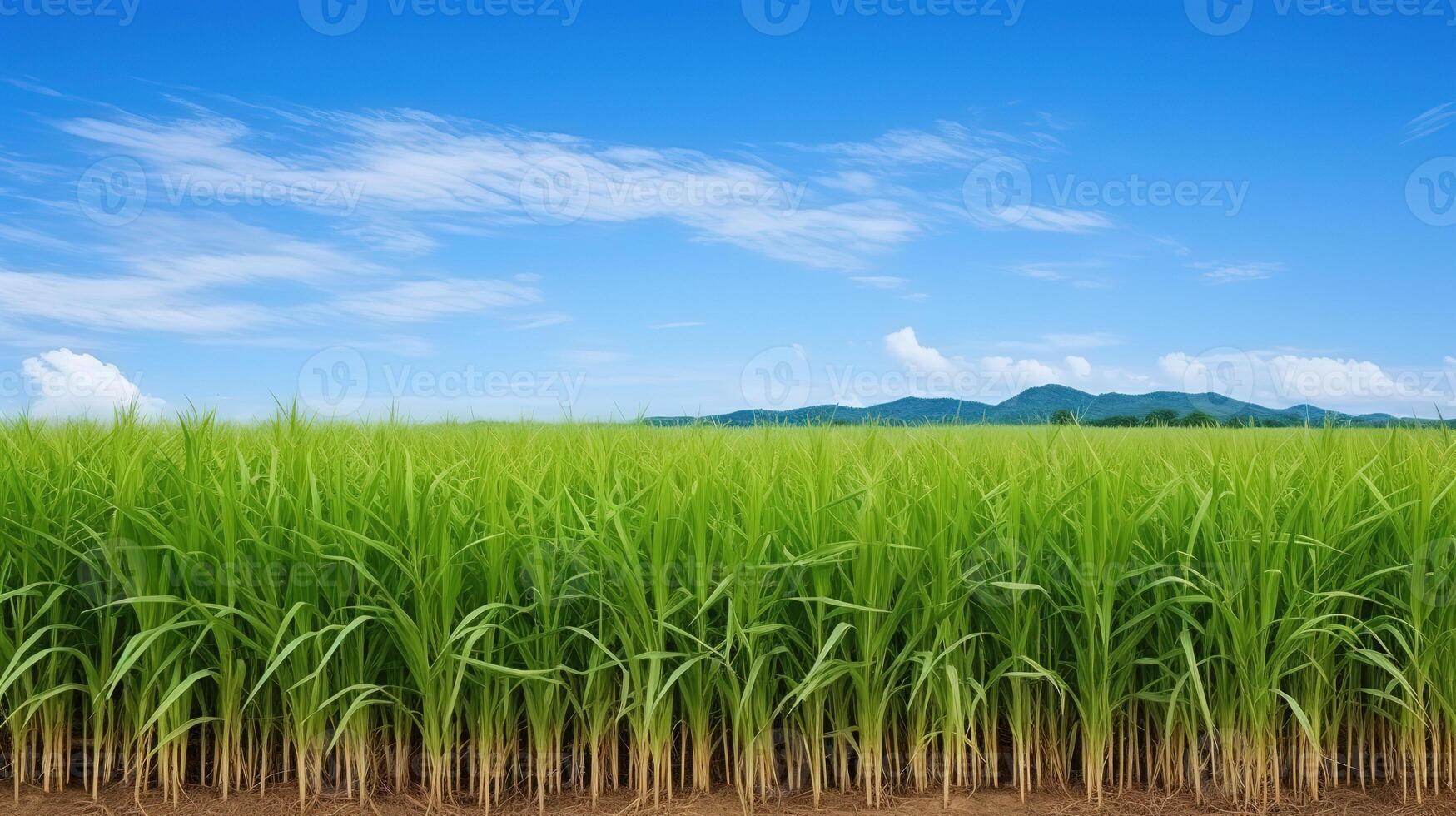 zucchero canna campo con blu cielo e bianca nuvole sfondo foto