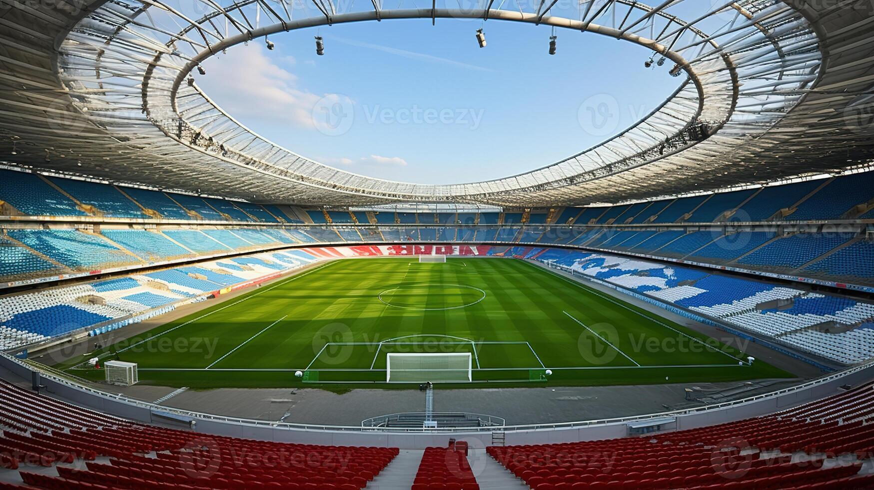 ai generato 3d rendere di un' grande calcio stadio con luminosa proiettori e vip scatole foto